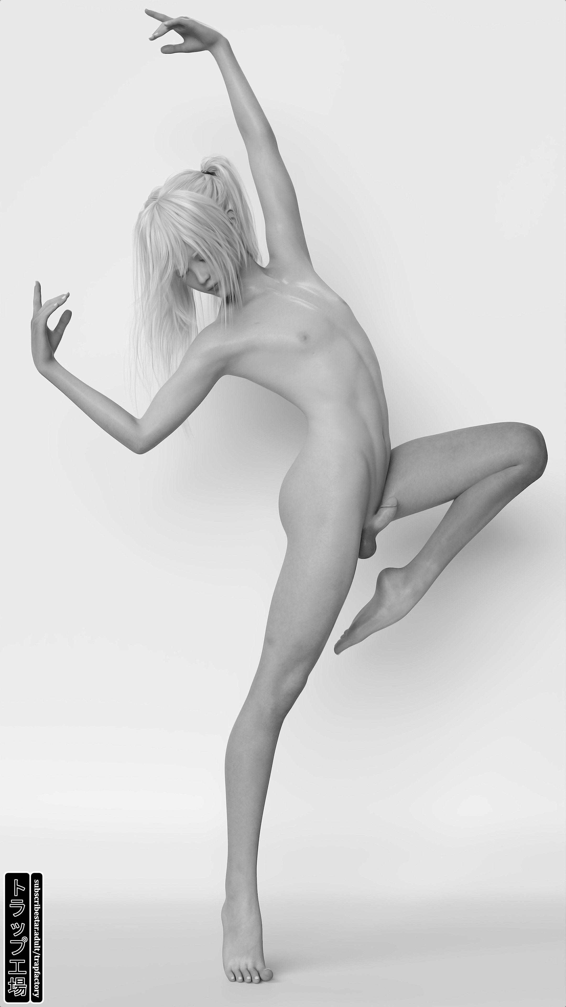 androgynous, black and white, closed eyes, erection, feet, femboy, fit, flexible, full body, gymnastics, male, male only, naked, sensual, torappukojo, trap, twintails, white hair