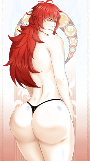 1boy 1male angry ass big_ass black_panties bubble_ass bubble_butt diluc_(genshin_impact) embarrassed genshin_impact gradient_background light-skinned_male light_skin long_ponytail looking_annoyed looking_at_viewer looking_back lowres male male_only ponytail rear_view red_eyebrows red_hair solo thong unknown_artist yellow_eyes