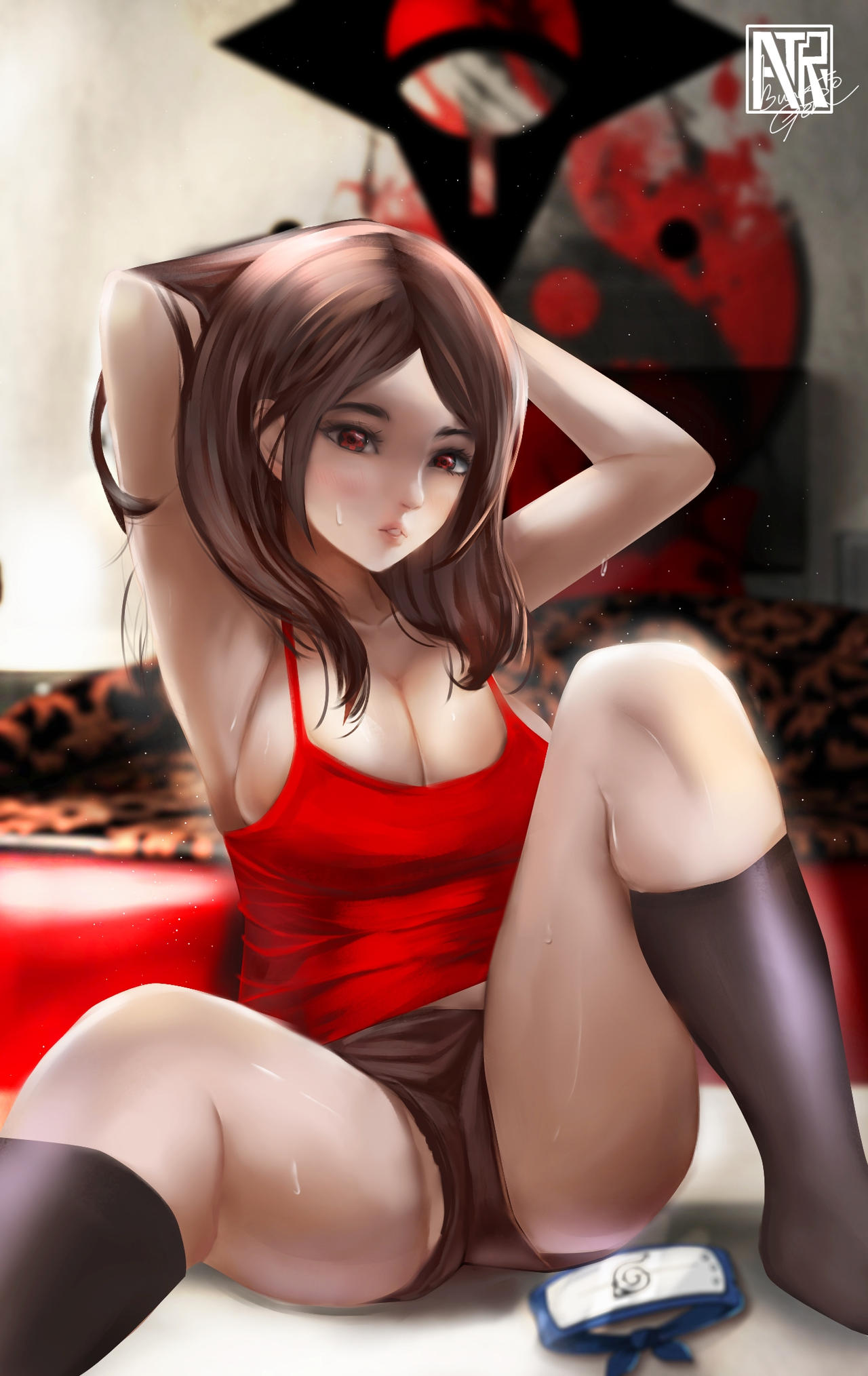 1girls, alternate hair length, armpit fetish, armpits, arms behind head, ass, big breasts, black hair, black socks, blush, booty shorts, boruto: naruto next generations, breasts, bunsogen, busty, cameltoe, cleavage, female, female focus, female only, hi res, highres, kneehighs, kneesocks, large breasts, light skin, light-skinned female, lips, lipstick, long hair, looking at viewer, minishorts, naruto, naruto (series), pale skin, pale-skinned female, pink lips, pink lipstick, pinup, puckered lips, pussy, red eyes, sarada uchiha, sharingan, short shorts, shorts, shoulder length hair, shounen jump, sideboob, sitting, sleeveless, sleeveless shirt, socks, solo, solo female, solo focus, sweat, sweatdrop, tank top, teenager, thick thighs, thighs, uchiha symbol, voluptuous