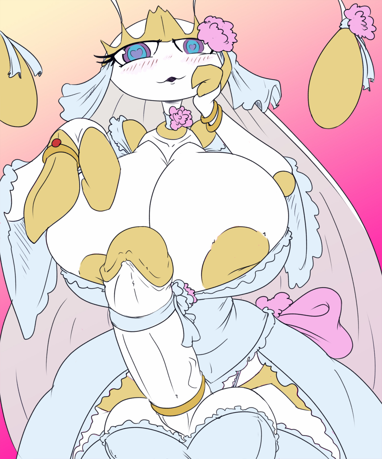 1futa, areola, areolae, balls, balls bra, big balls, big breasts, big hips, big penis, breasts, clothed, clothing, cock ring, erection, futa only, futanari, heart, heart-shaped pupils, huge breasts, huge cock, humanoid penis, imric1251, intersex, inverted nipples, mostly clothed, nipples, penis, pheromosa, pokémon (species), pokemon, pokemon (species), solo, solo futa, thick thighs, thighhighs, wedding dress, wedding ring, wide hips