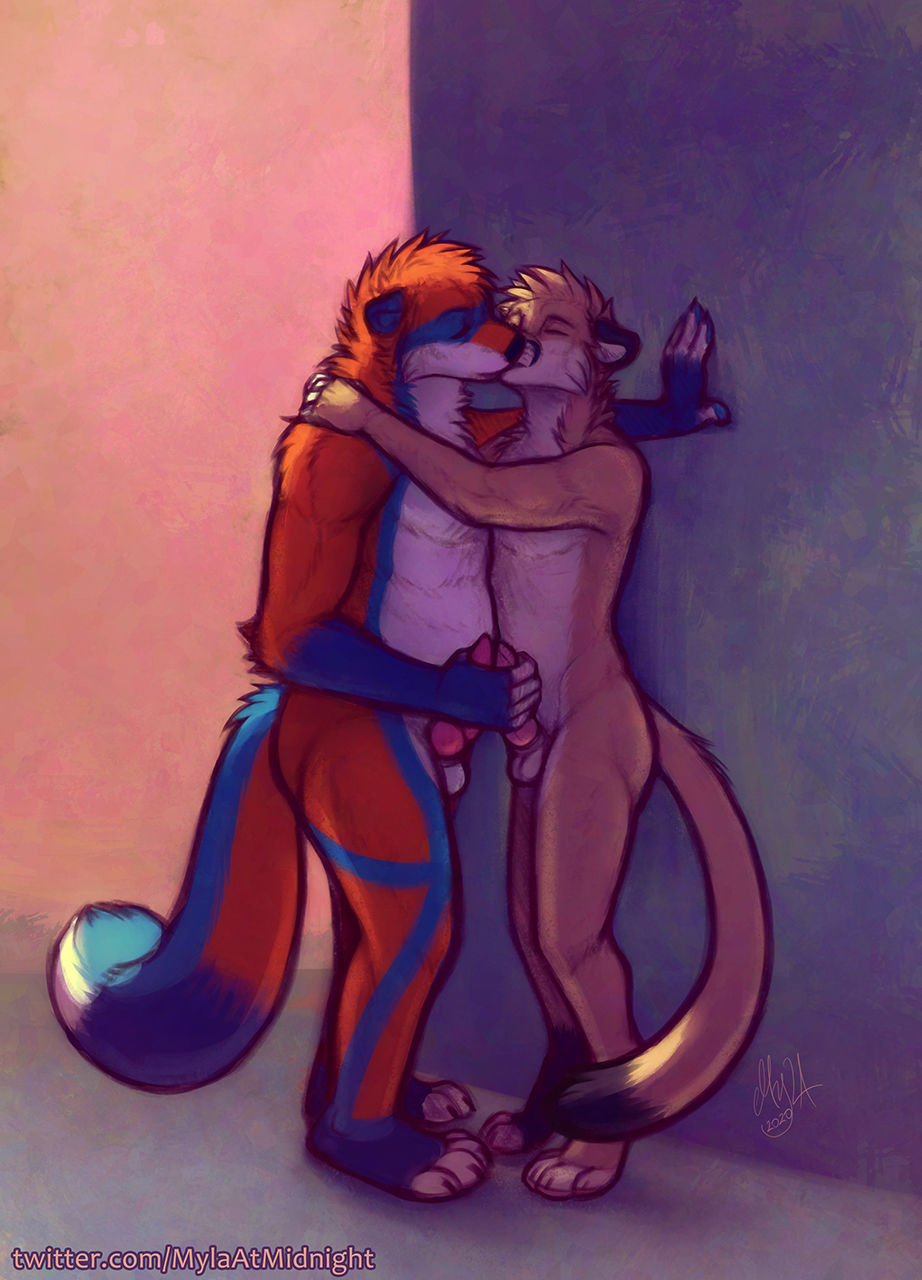 2020 anthro anthro_on_anthro balls blue_body blue_fur chubby_anthro chubby_male closed_eyes dated duo felid frottage fur genitals head_tuft hi_res kissing male male/male mammal multicolored_body multicolored_fur mylafox nude nurko orange_body orange_fur outercourse sex side_view signature simple_background standing standing_sex tan_body tan_fur tuft ursid white_balls white_body white_fur