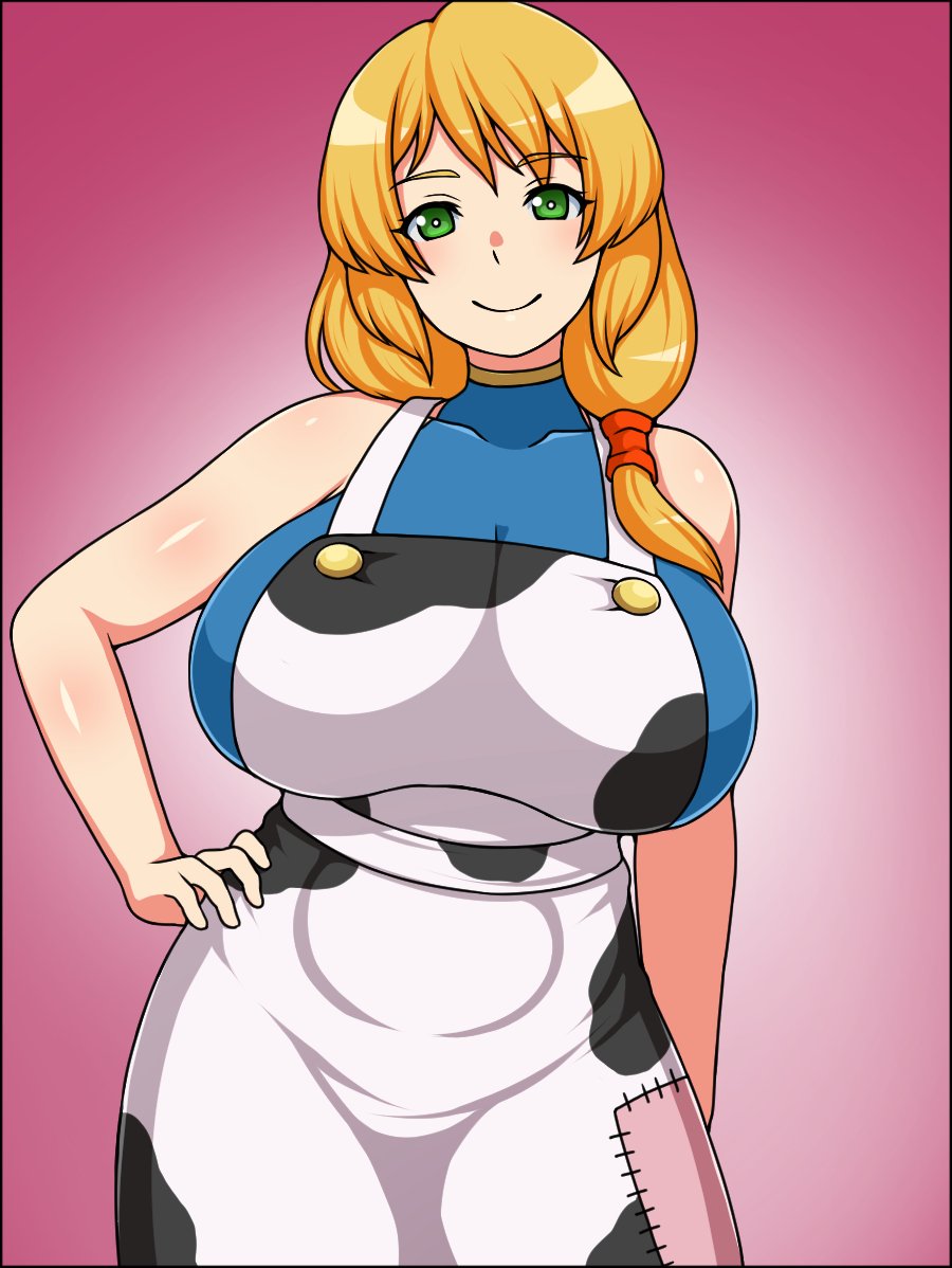 1girls apron blonde_hair blue_shirt cow_print_apron female female_focus female_only green_eyes hand_on_hip hips long_hair looking_at_viewer mature_female milf nicchi_sangyou original original_character ponytail smiling smiling_at_viewer