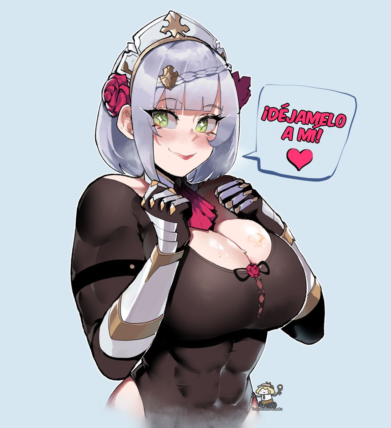 1girls, abs, big breasts, blush, branding mark, breasts, cleavage, dialogue, excited, female, female only, genshin impact, green eyes, grey hair, hilichurl mark, hilichurl tattoo, large breasts, looking at viewer, muscular, muscular female, noelle (genshin impact), short hair, smile, smiling at viewer, solo, solo female, spanish text, speech bubble, symbol-shaped pupils, talking to viewer, thiccwithaq, thick, upper body, voluptuous