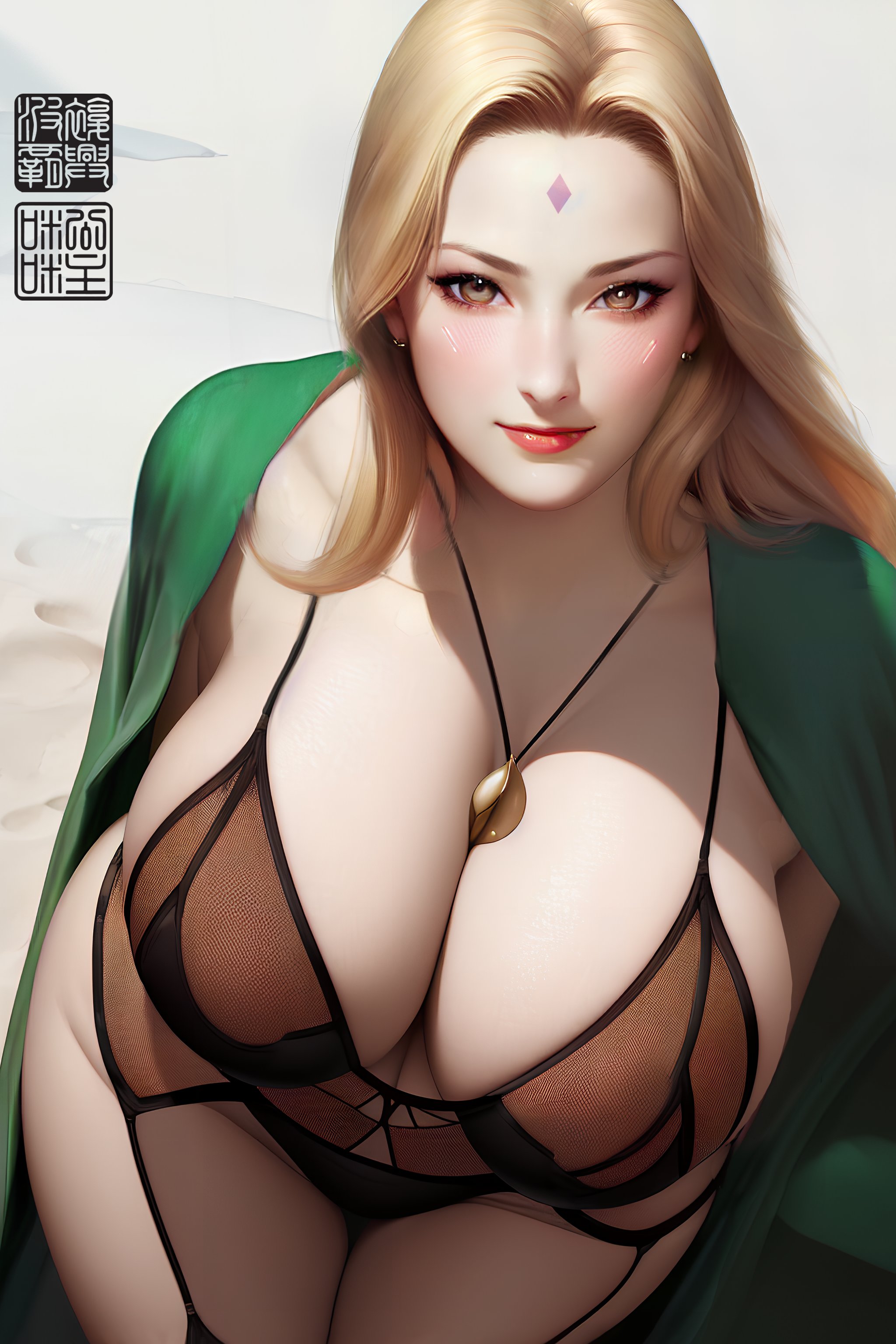 1girls, ai generated, arched back, bent over, big breasts, black panties, blonde hair, boruto: naruto next generations, breasts, brown eyes, busty, cleavage, clothing, curvaceous, curvy, curvy female, curvy figure, ear piercing, earrings, female, female focus, female only, forehead jewel, forehead mark, hi res, highres, huge breasts, jewelry, large breasts, legwear, light skin, light-skinned female, lingerie, lips, lipstick, looking at viewer, makeup, mature, mature female, nai diffusion, naruto, naruto (classic), naruto (series), naruto shippuden, necklace, oppai, oppaissance, pale skin, pale-skinned female, panties, pinup, pose, posing, presenting breasts, realistic, red lips, red lipstick, revealing clothes, shounen jump, smile, smiling, smirk, solo, solo female, solo focus, stable diffusion, standing, stockings, thick thighs, thighhighs, thighs, tsunade, underwear, voluptuous, wide hips
