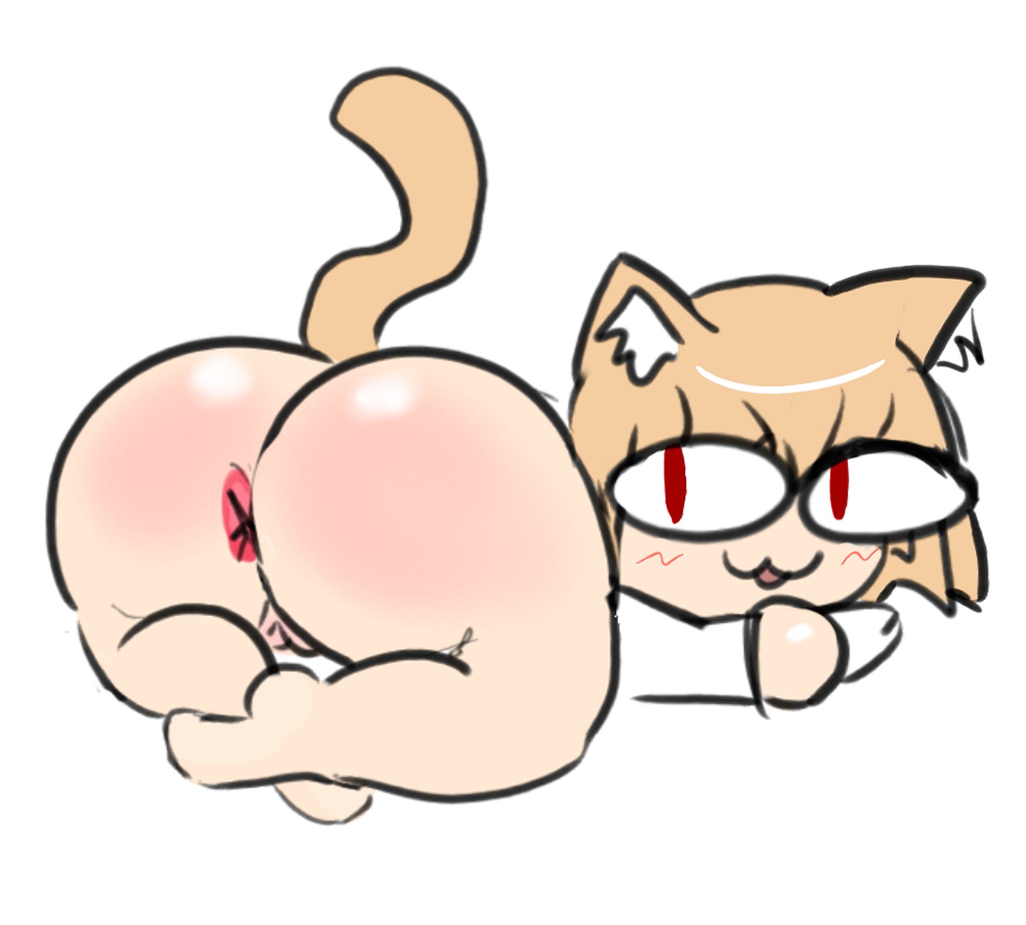 :3, 1girls, 2d, animal ears, anus, ass, ass up, asshole, big ass, big butt, blush, cat ears, cat girl, catgirl, exposed anus, exposed ass, exposed pussy, face down ass up, female, female only, legs crossed, looking at viewer, looking back, melty blood, neco-arc, nicechan, partially clothed, pussy, red eyes, smile, solo, tail, tsukihime, type-moon, vagina, white background, white shirt