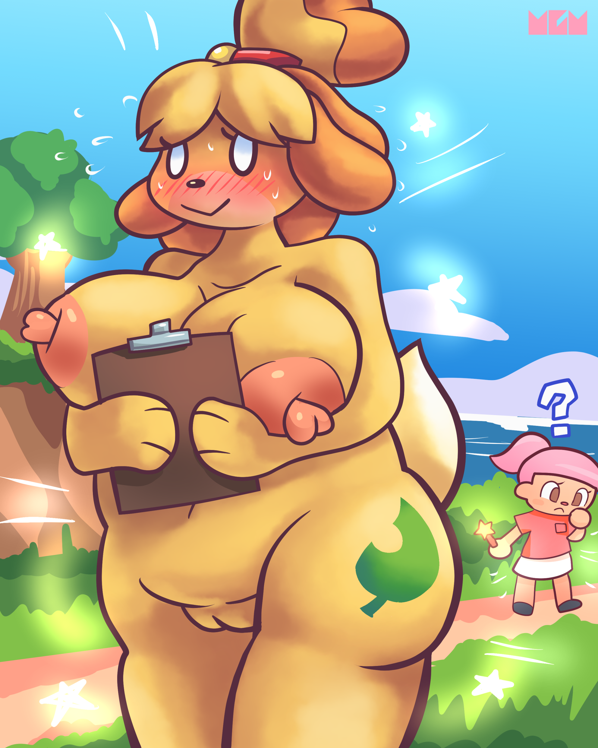 2022, 2d, 2girls, animal crossing, anthro, artist initials, artist logo, background character, breasts, clothes disappearing, disappearing clothes, embarrassed, embarrassed nude female, enf, female, female only, isabelle (animal crossing), magic, magic wand, multiple females, multiple girls, nintendo, nipples, nude, office lady, pussy, solo focus, surprised, thick thighs, thighs, tmogumi, vagina, villager (animal crossing), wide hips