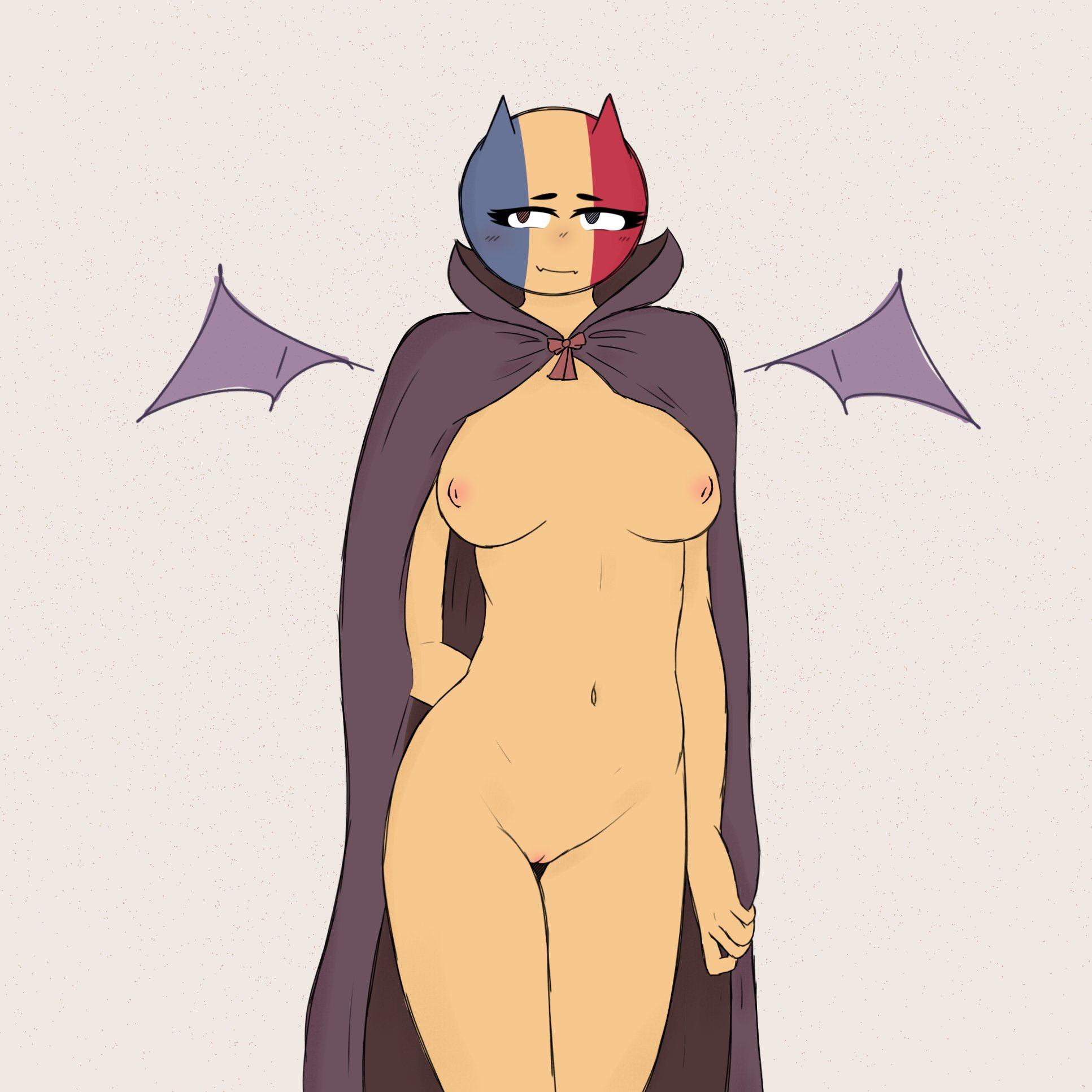 1girls, belly, belly button, breasts, countryhumans, countryhumans girl, female, female focus, female only, halloween, horn, hourglass figure, nipples, nude, nude female, pink nipples, pussy, robe, romania (countryhumans), simple background, solo, solo female, solo focus, thighs, vampire, white background, xx.canada.xx