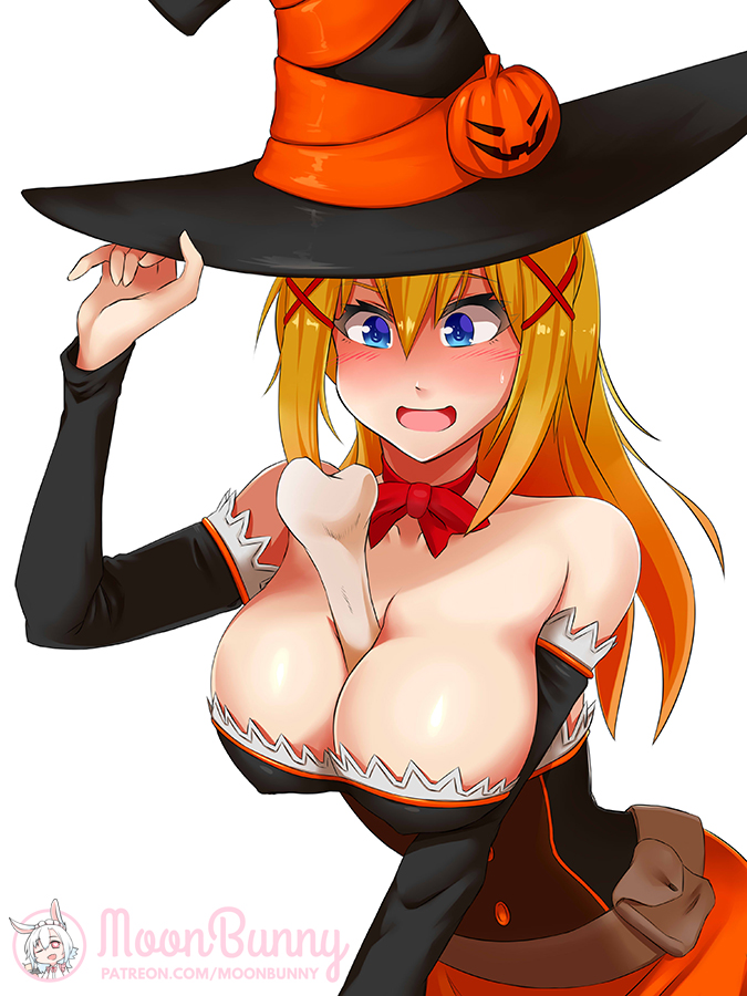 1girls alternate_hairstyle big_breasts blonde_hair blue_eyes blush bone breasts cosplay costume darkness_(konosuba) female female_only hair_ornament halloween halloween_costume hat huge_breasts kono_subarashii_sekai_ni_shukufuku_wo! large_breasts long_hair moonbunny open_mouth smile solo thick_thighs thighs witch witch_costume witch_hat x_hair_ornament