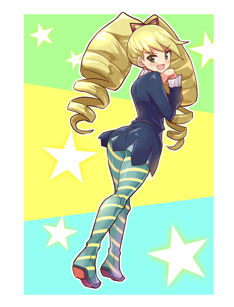 ass blonde_hair cougar1404 drill_hair pantyhose skirt striped_legwear striped_pantyhose tagme tight_clothing