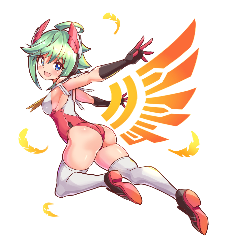 ass blue_eyes cougar1404 female green_hair roro_(gunvolt) swimsuit tagme thighhighs wings