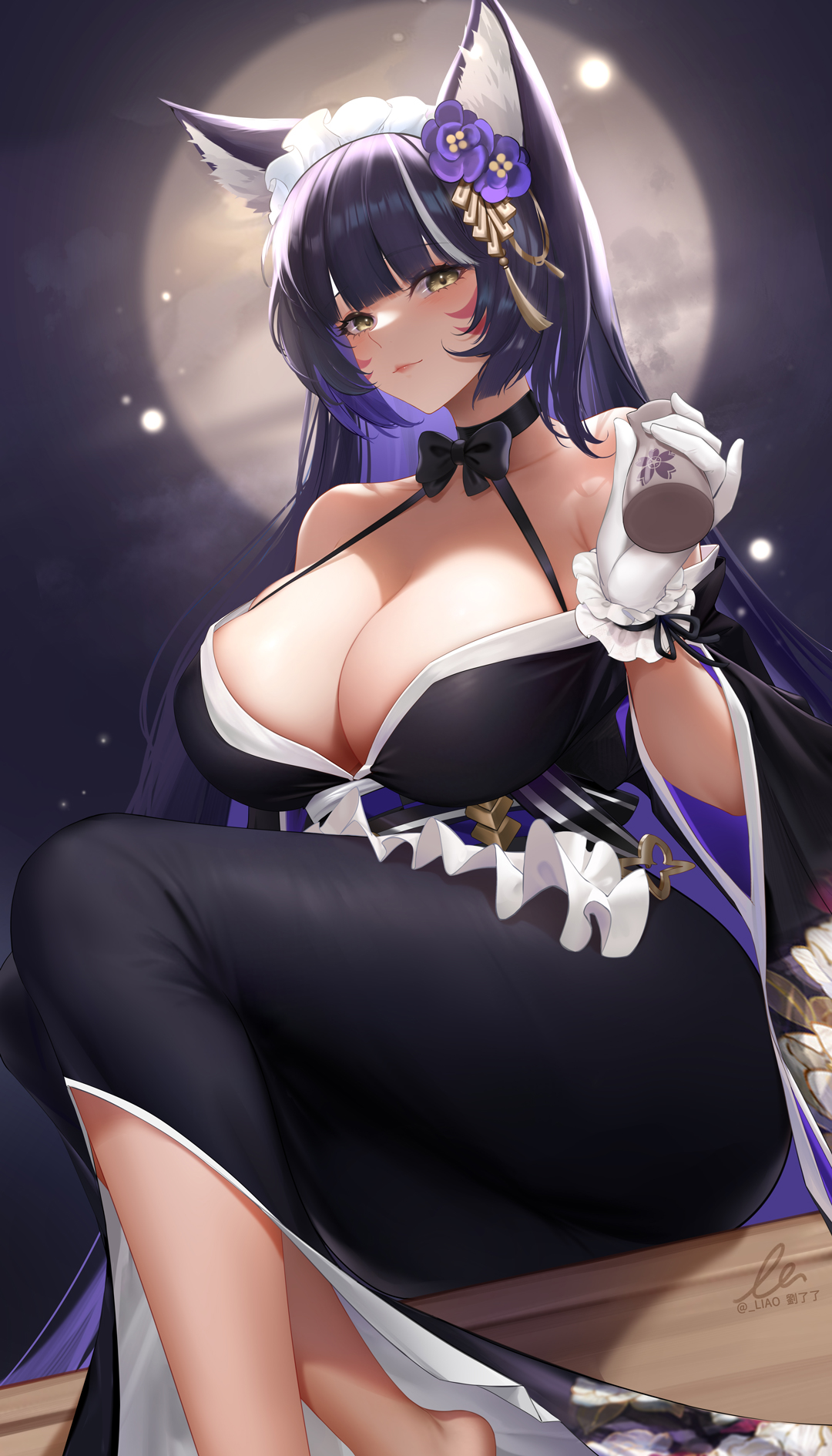 1girls, 2022, azur lane, big breasts, breasts, female, fox ears, fox girl, highres, kimono, liu liaoliao, long hair, looking at viewer, musashi (azur lane), tagme, violet hair
