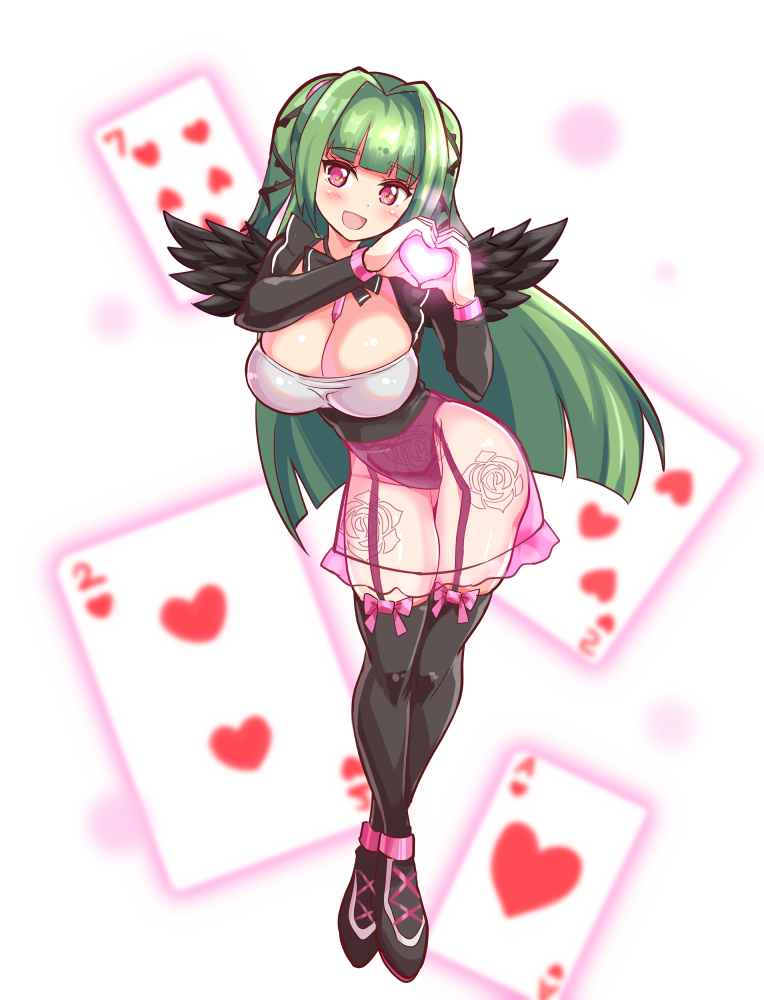 big_breasts cards cougar1404 green_hair pink_eyes tagme thighhighs