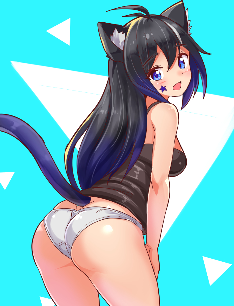 ass ass_cleavage bending_forward black_hair blue_eyes butt_crack cat_ears cat_tail catgirl cougar1404 tagme