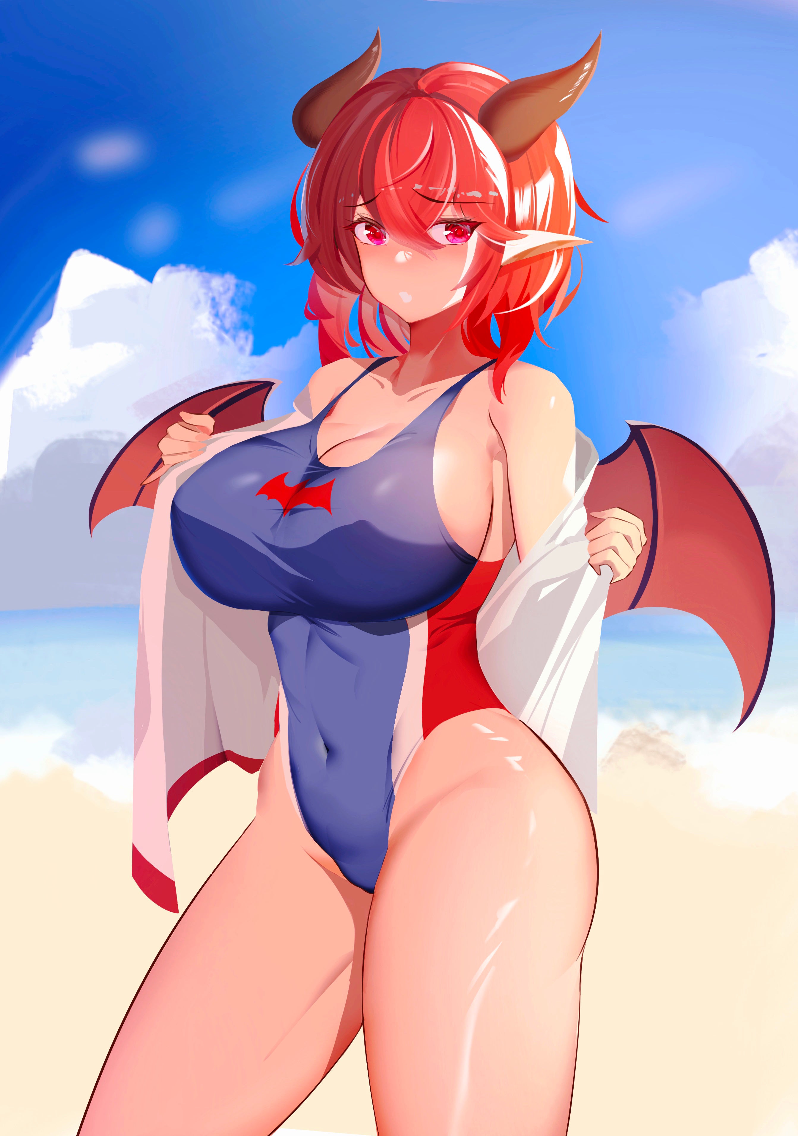 breasts, demon, female, guardian tales, horns, huge breasts, large breasts, lifeguard, lifeguard yuze (guardian tales), looking at viewer, one-piece swimsuit, partially clothed, pink eyes, red hair, succubus, succubus adventurer yuze (guardian tales), swimsuit, swimwear, voluptuous, wings, yuze (guardian tales)
