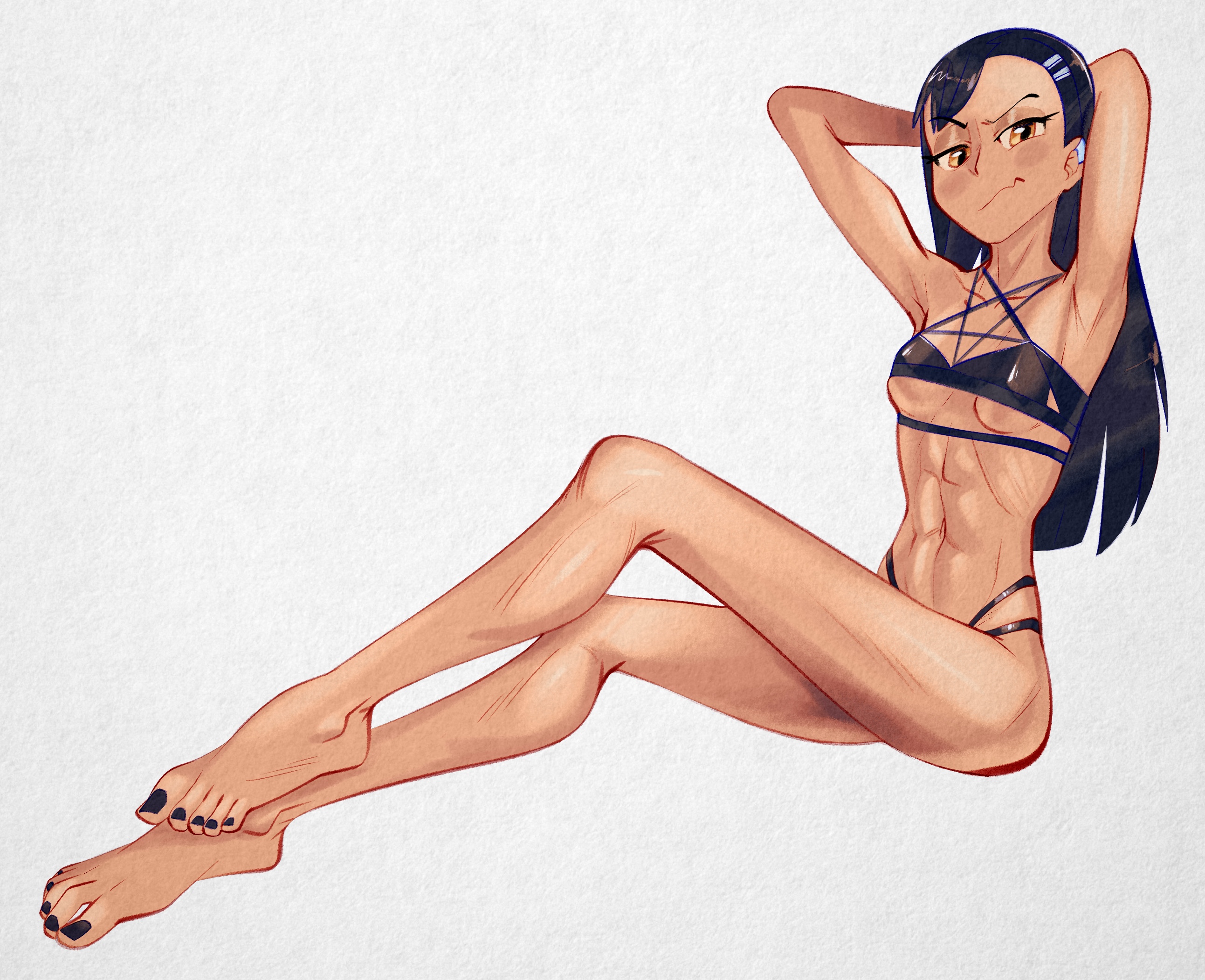 1girls, 2022, black hair, breasts, brown eyes, clothed, clothing, feet, female, female focus, female only, hayase nagatoro, hi res, lingerie, long hair, looking at viewer, open mouth, please don't bully me, nagatoro, pose, revealing clothes, simple background, small breasts, solo, tan, tan skin, tanned, underboob, xu53r