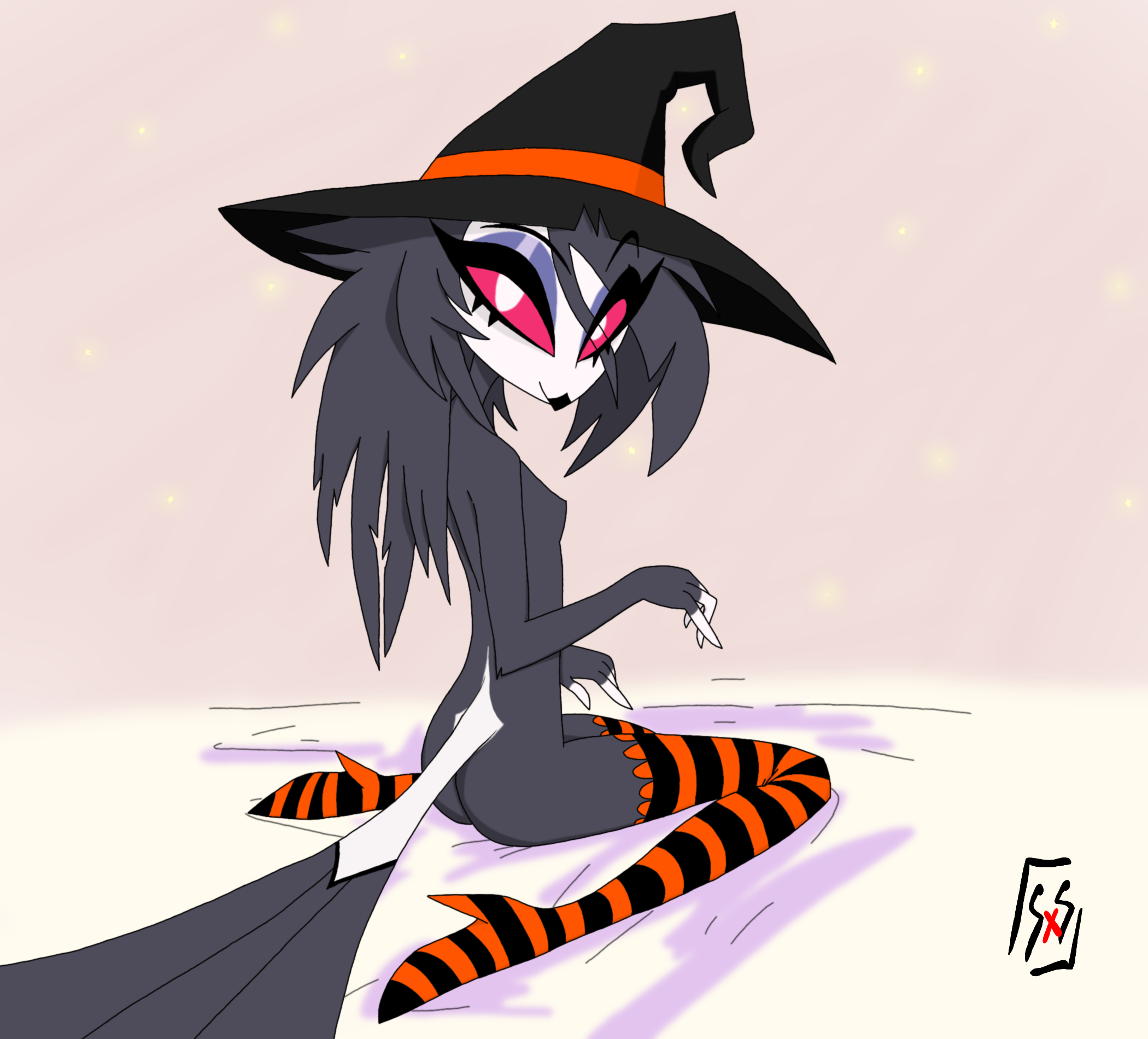 avian, bird, demon, goth, helluva boss, looking at viewer, octavia (helluva boss), owl, owl demon, sxsebas, tagme, witch costume, witch hat