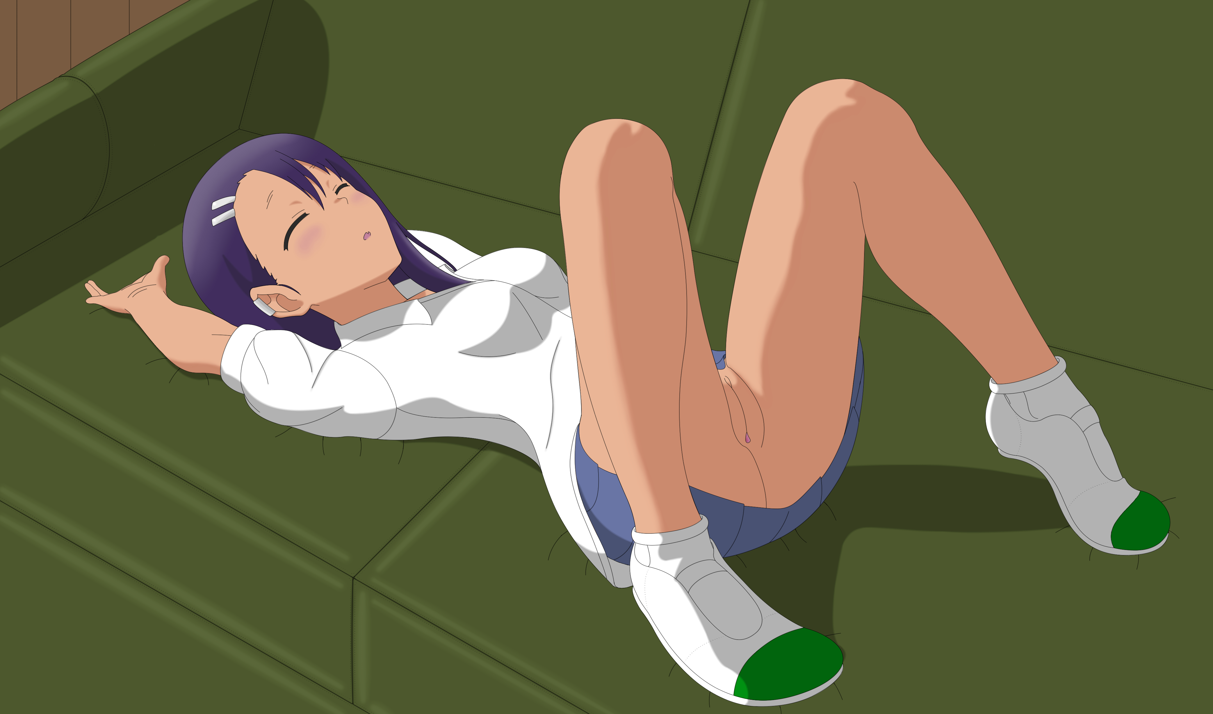 1girls, ankle socks, anklehighs, black hair, breasts, classroom, clothed, clothing, female, female focus, female only, going commando, hayase nagatoro, hi res, long hair, no panties, on back, please don't bully me, nagatoro, pussy, revealing clothes, school, schoolgirl, simple background, skirt, sleeping, small breasts, socks, solo, spread legs, tan, tan skin, tanned, tidy (artist), unaware, underwear, upskirt, uwabaki, white socks