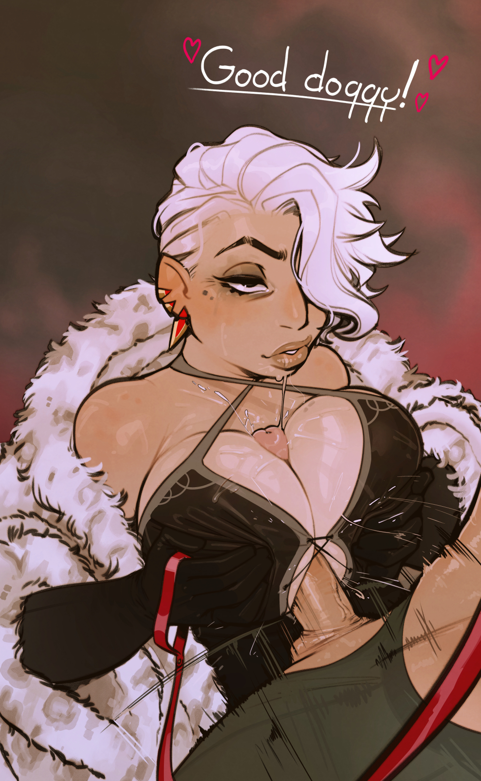 1boy, 1girls, big breasts, black eyes, breasts, cleavage, dialogue, english text, erection, female, female focus, fur coat, heart, incase, large breasts, leash, light skin, light-skinned male, male, mature female, milf, narrowed eyes, paizuri, paizuri under clothes, penis, straight, titjob, white hair
