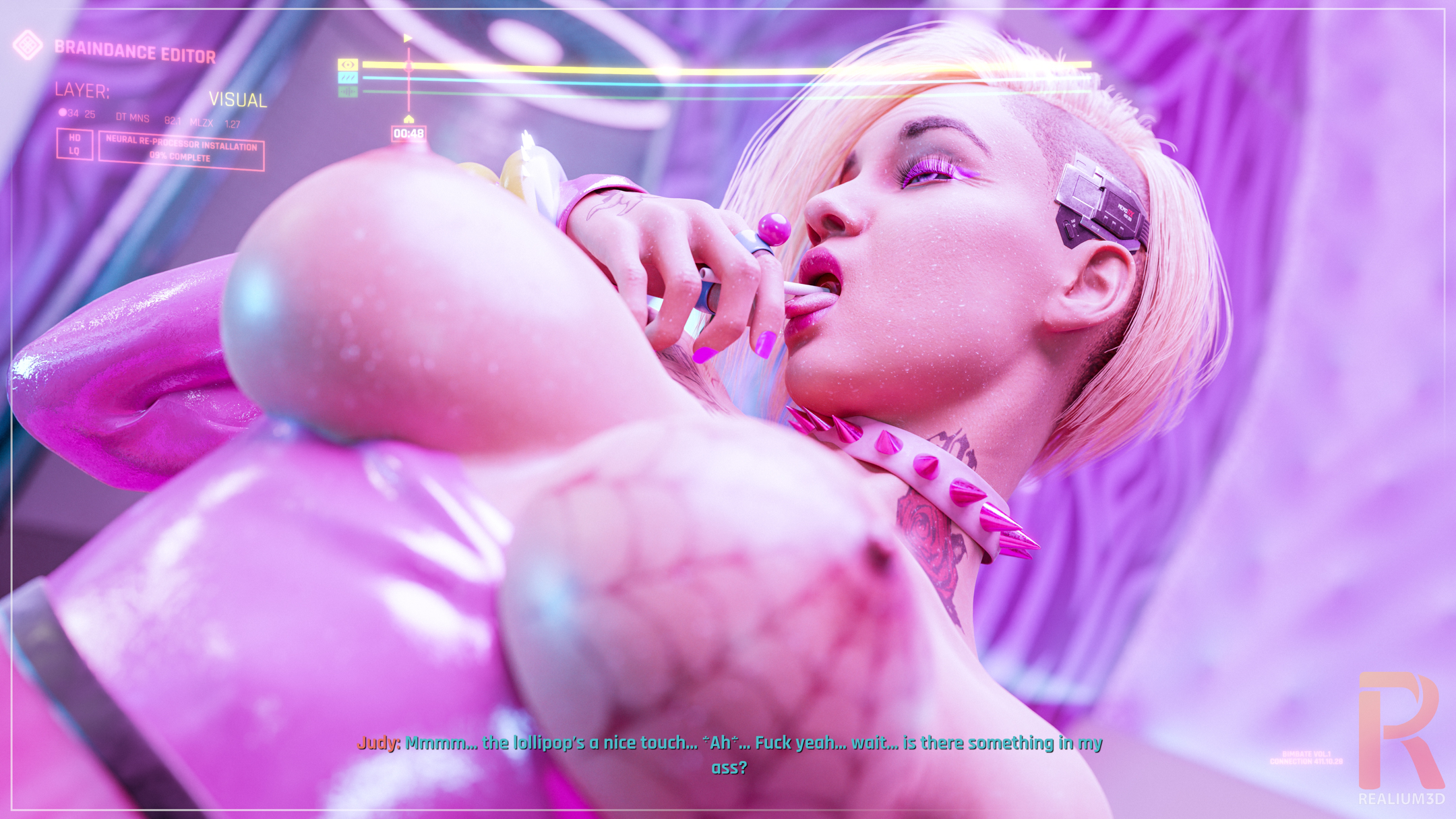 3d, 3d (artwork), big breasts, bimbo, bimbofication, black dildo, breasts, clothed female, comic, cyberpunk 2077, dialogue, female, image comics, image set, judy alvarez, lolipop, pink eyes, pink nail polish, realium3d, riding dildo, story, story in picture