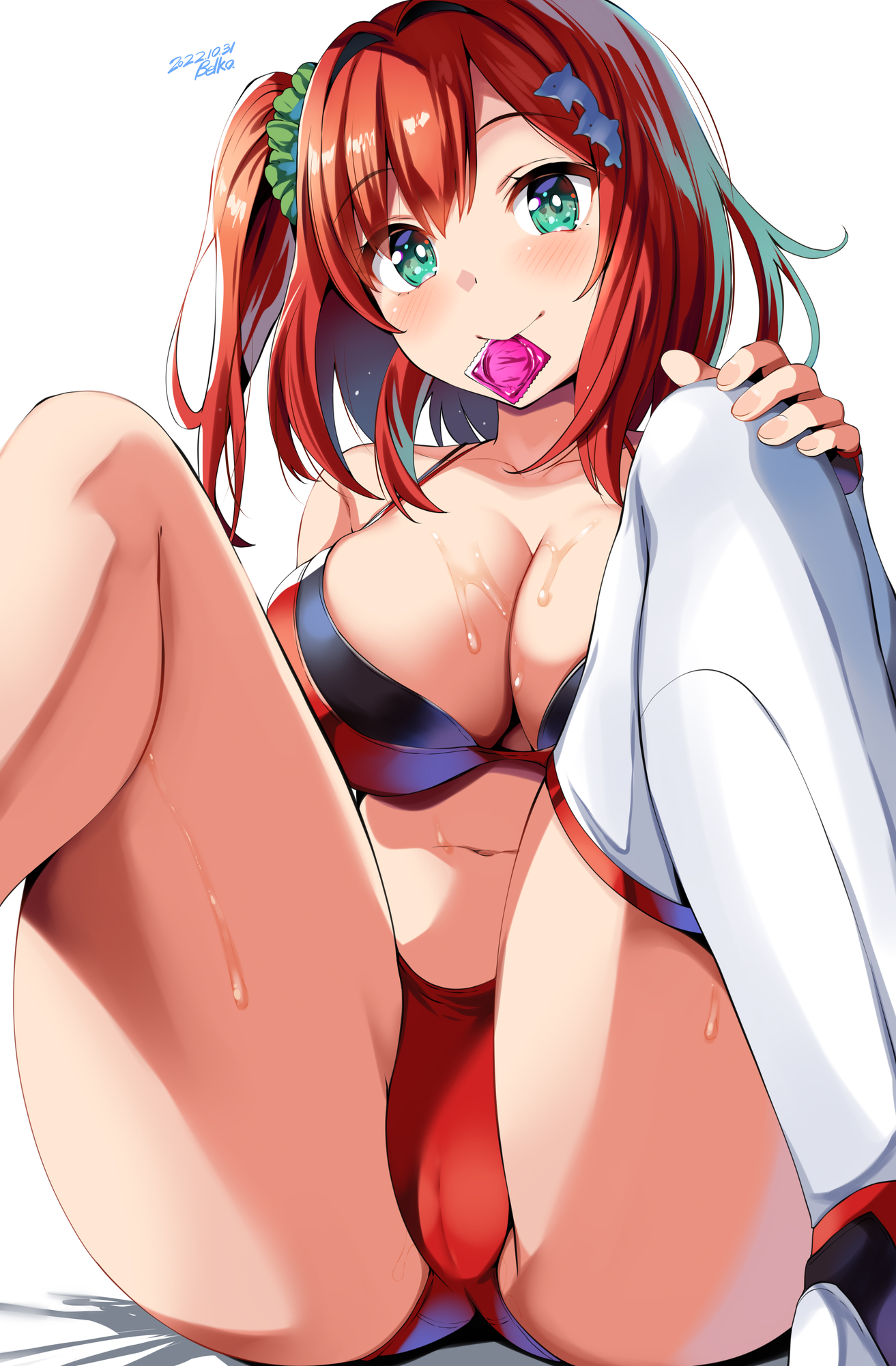 belko, big breasts, bikini, breasts, condom, condom wrapper, dolphin hair ornament, dolphin wave, female, hair ornament, hi res, highres, huge breasts, iruka sakimiya, large breasts, legwear, looking at viewer, red bikini, red bikini bottom, red bikini top, red hair, short hair, side ponytail, tagme, thick thighs, thighs, white background, white legwear