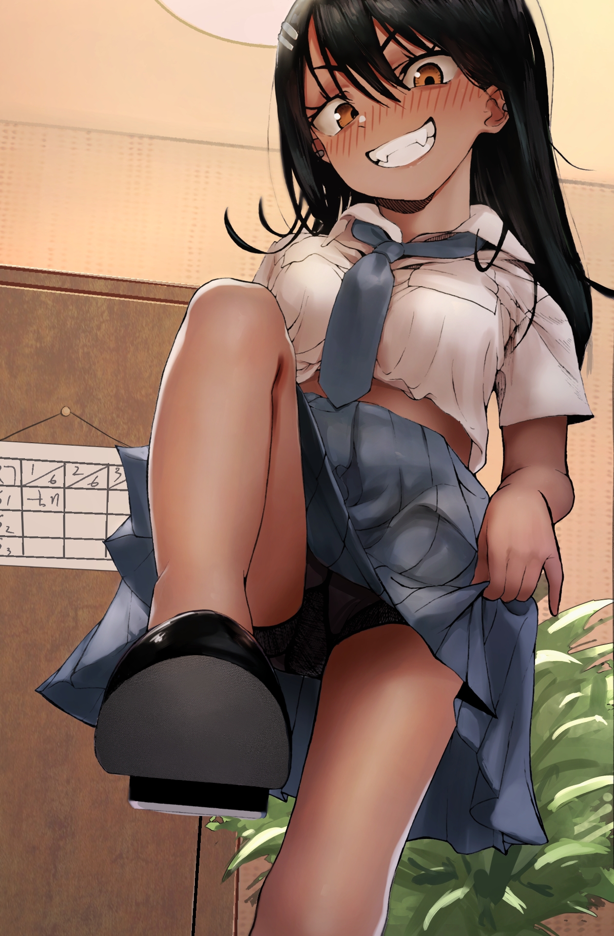 1girls, black hair, blush, breasts, earrings, fangs, feet, female, female only, hayase nagatoro, hi res, long hair, looking at viewer, looking down, please don't bully me, nagatoro, simple background, skirt, small breasts, smile, solo, solo female, tan, tan skin, tanned, upskirt, youyou-rat (artist)