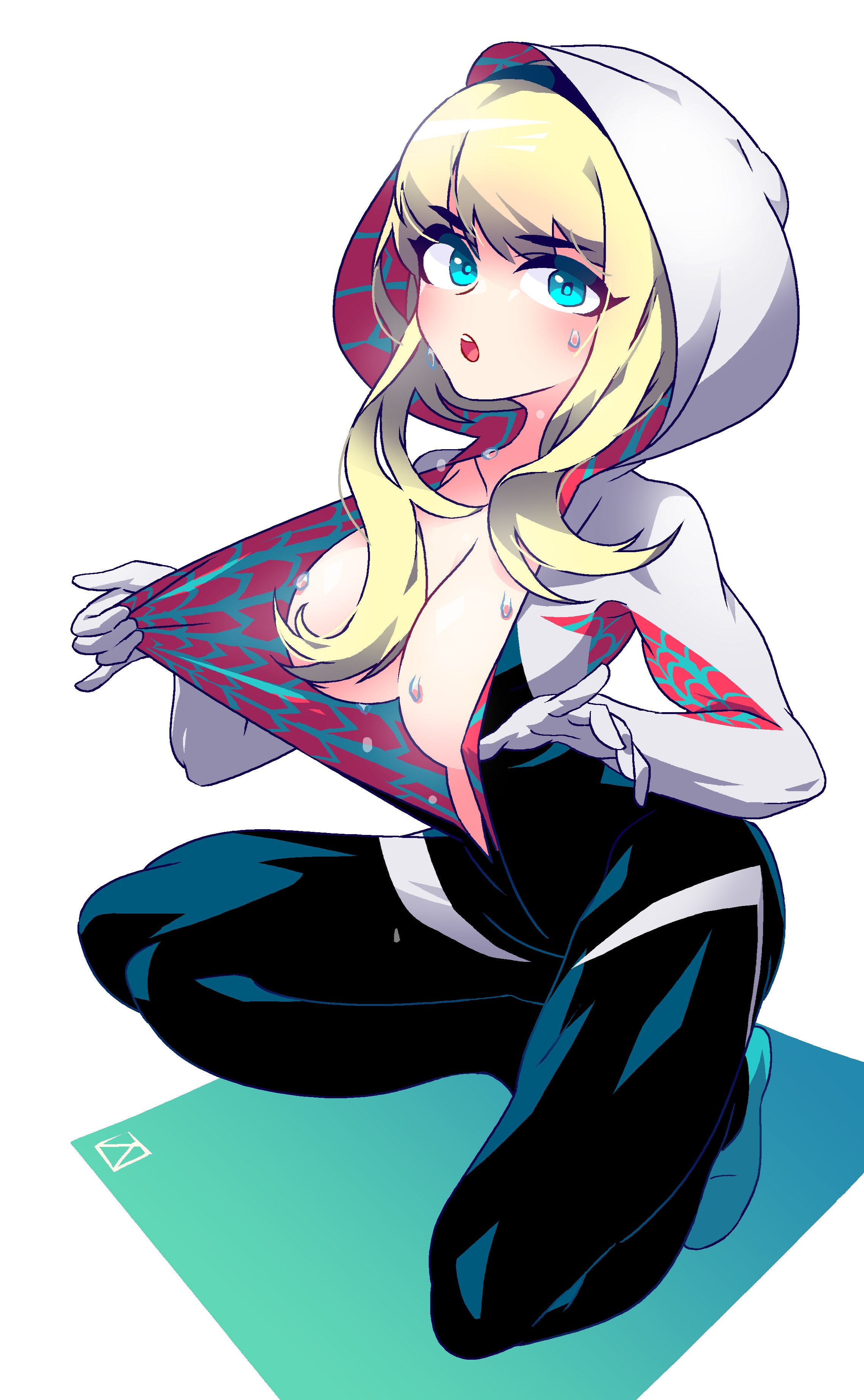 1girls, absurd res, blonde hair, blue eyes, bodysuit, breasts, female, female only, gwen stacy, hairband, hi res, large breasts, looking at viewer, marvel, marvel comics, open clothes, solo, spider-gwen, spider-man (series), superheroine, ultra hamma