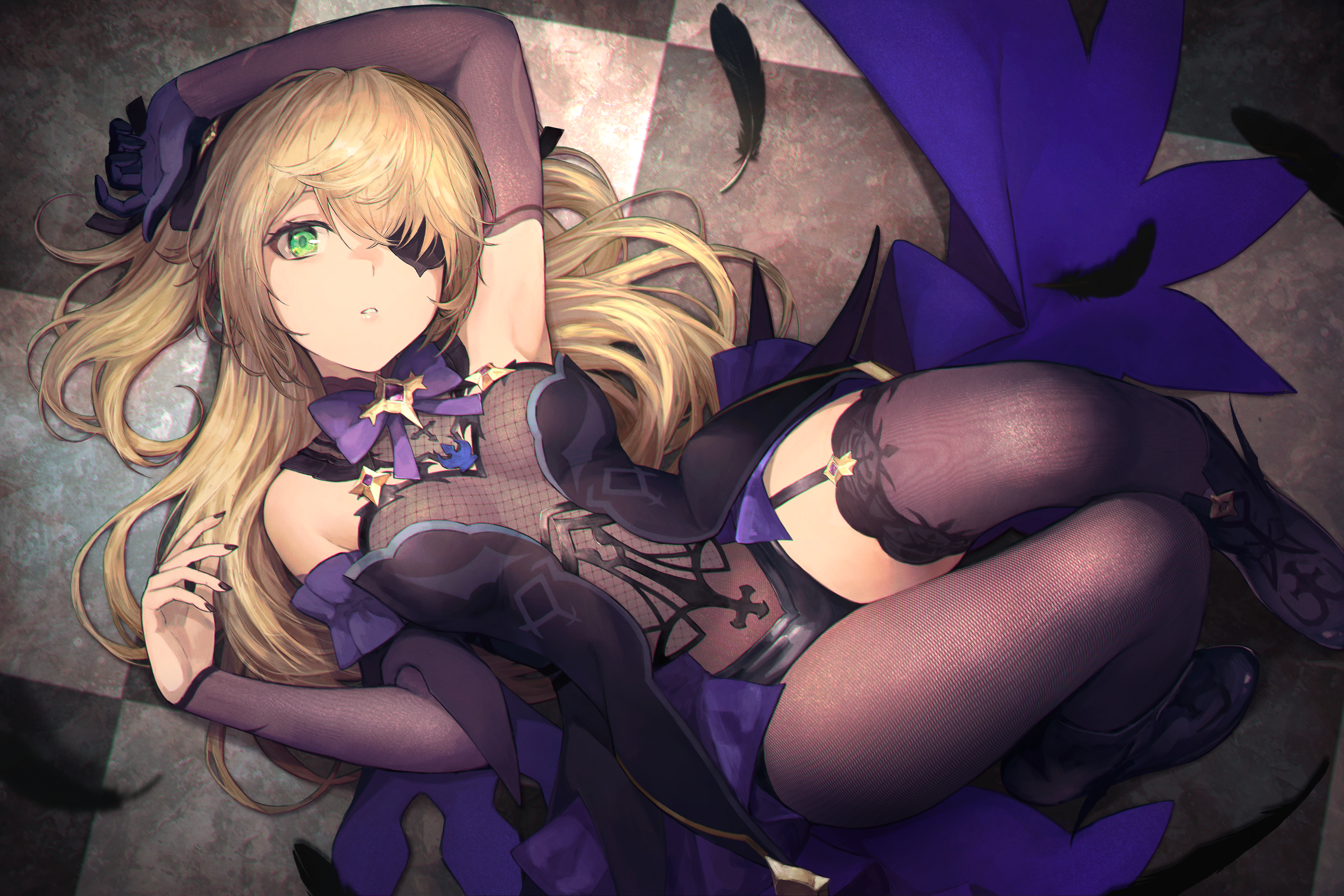 black pantyhose, black stockings, black thighhighs, blonde hair, bodystocking, breasts, dress, eyepatch, feathers, female, female only, fischl (genshin impact), fishnet bodysuit, fishnets, fully clothed, garter straps, genshin impact, gloves, green eyes, long hair, looking at viewer, nail polish, on floor, pantyhose, princess, shirataki jiro, small breasts, stockings, thighhighs, twintails