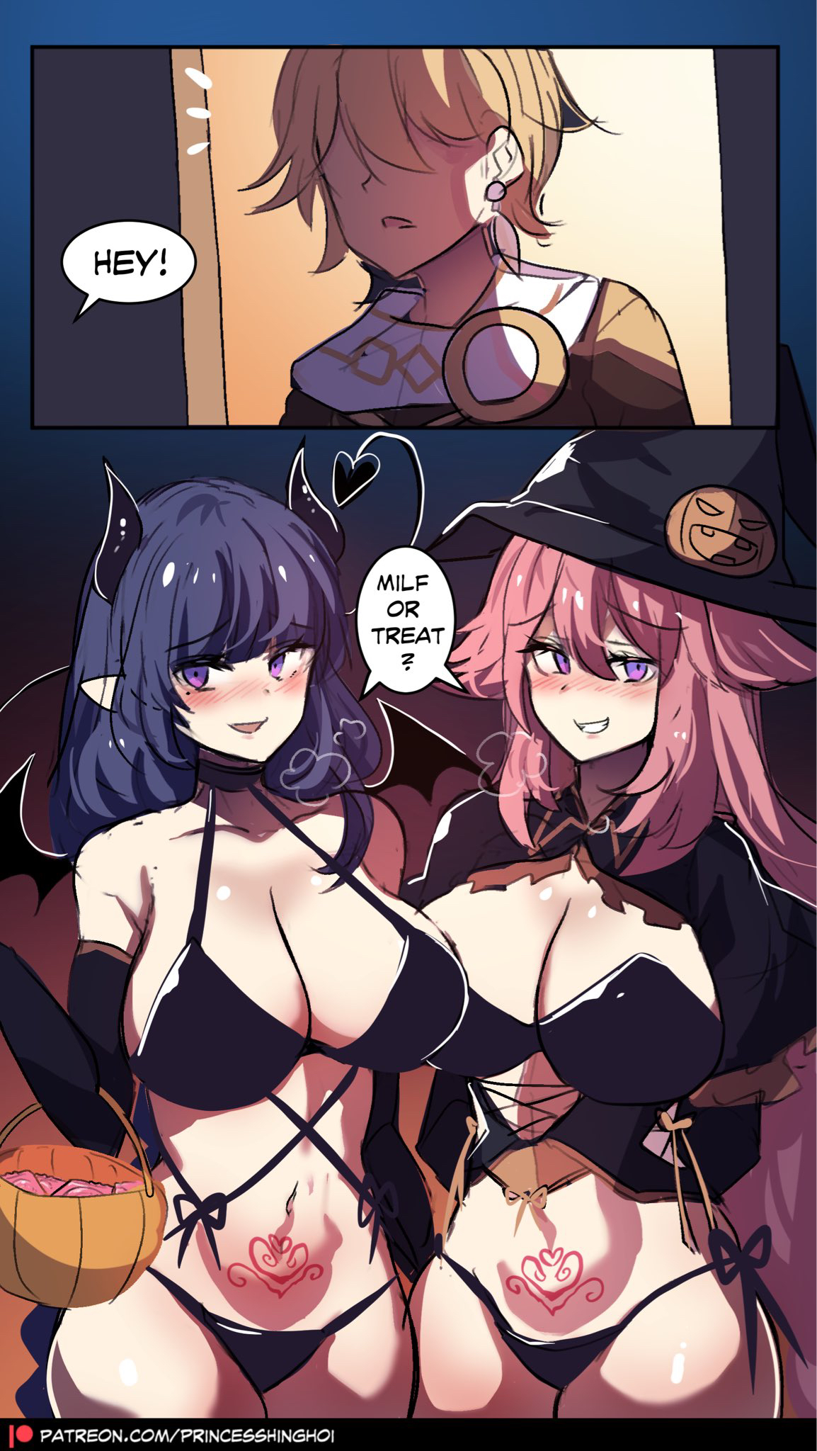 1boy, 2girls, aether (genshin impact), blonde hair, breasts, dialogue, english text, female, fox ears, fox girl, genshin impact, halloween, hinghoi, hips, huge breasts, kitsune, long hair, male, pink hair, purple eyes, purple hair, raiden shogun, slim waist, speech bubble, succubus costume, wide hips, witch costume, witch hat, yae miko