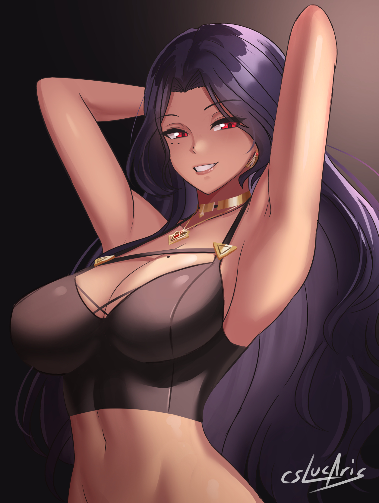 1girls, armpits, arms behind head, arms up, belly button, big breasts, black hair, breasts, cleavage, cslucaris, female, large breasts, latina, midriff, mole, mole on breast, mole under eye, navel, necklace, nijisanji, nijisanji en, red eyes, scarle yonaguni, showing off, smile, smiling at viewer, solo, solo female, solo focus, virtual youtuber