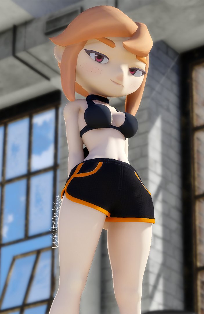 1girls, 3d, 3d (artwork), dolphin shorts, female, female only, human meggy, looking at viewer, meggy spletzer, smg4, solo, tagme, white inkist