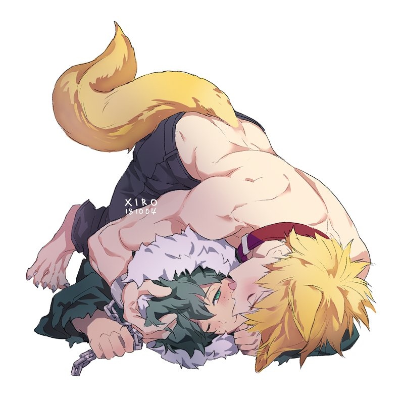 2boys, animal ears, animal tail, blonde hair, chains, collar, dog collar, doggy style, freckles, green eyes, green hair, halloween, izuku midoriya, katsuki bakugou, licking, licking face, lying on stomach, male, muscular, my hero academia, on stomach, shirtless, sitting on person, tail, wolf boy, wolf ears, wolf tail, yaoi