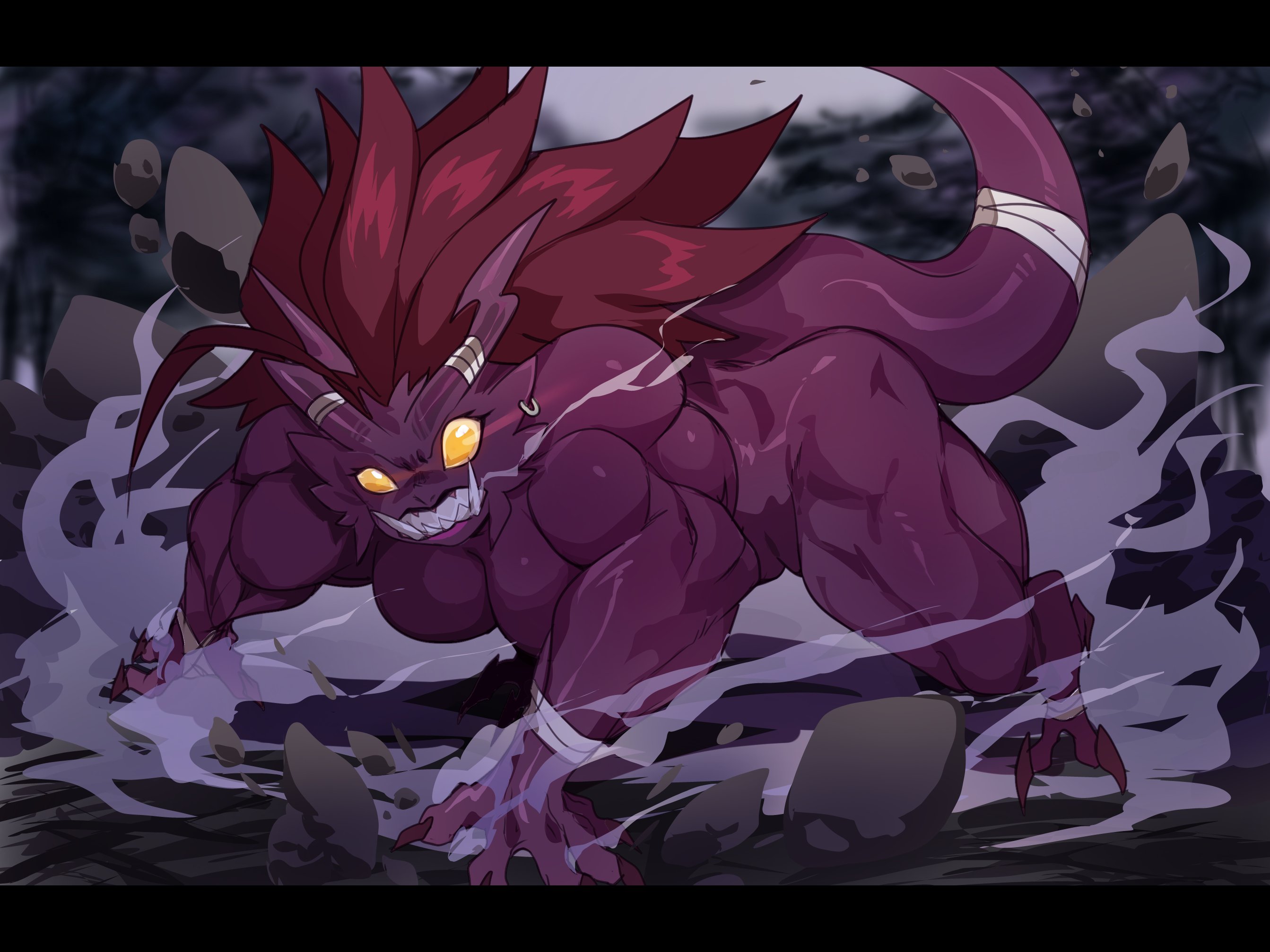 1girls, all fours, angry face, anthro, claws, detailed background, empty eyes, fangs, female, female only, feral, helen (lightsource), hi res, horns, japanese mythology, lightsource, long hair, looking at viewer, menacing, monster, muscles, muscular, muscular female, nude, nude female, pointy ears, purple skin, red hair, sharp claws, sharp teeth, solo, tail, teeth clenched, yellow eyes