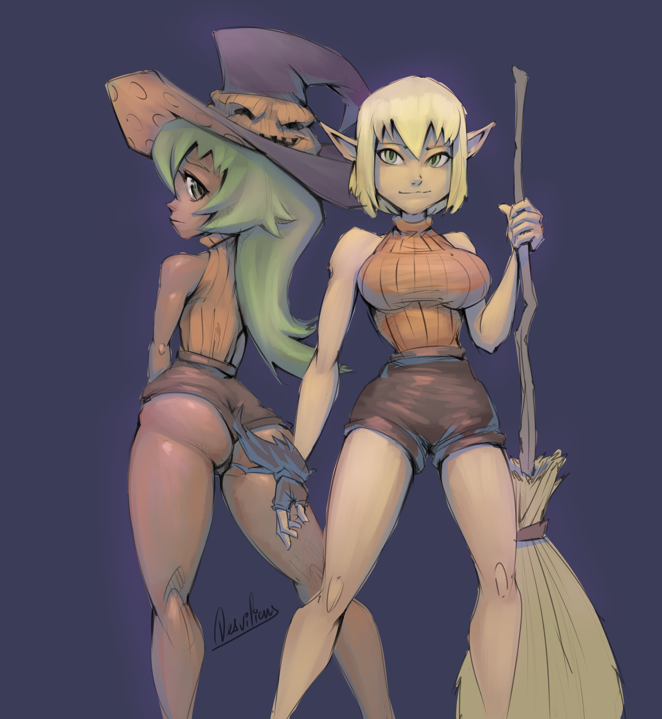 2girls, amalia, ass, blonde hair, breasts, broomstick, cra, dark skin, dark-skinned female, desviliens, evangelyne, female, female only, green eyes, green hair, huge breasts, multiple females, multiple girls, princess amalia sheran sharm, wakfu