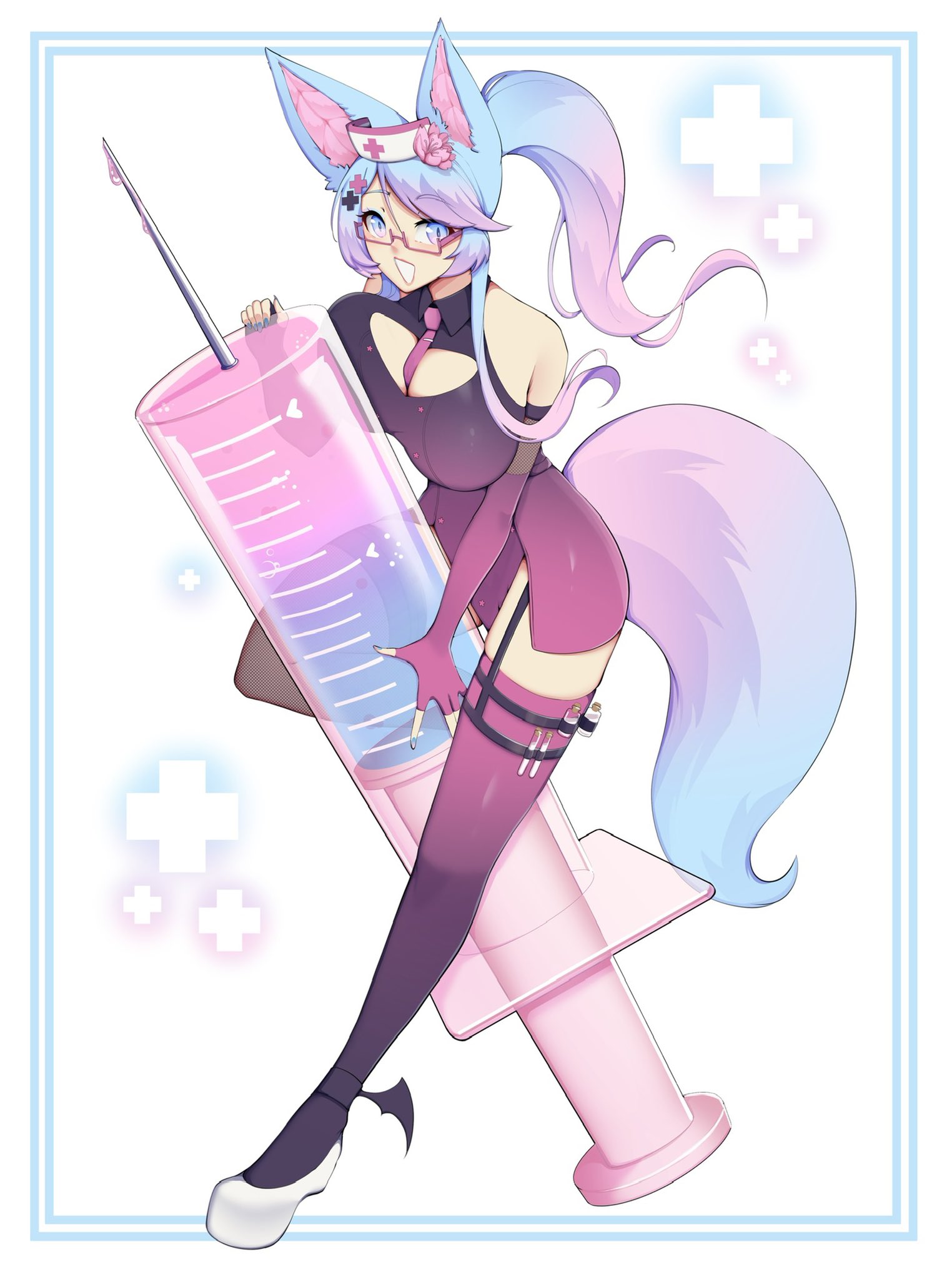1girls, arm gloves, blue eyes, blue hair, breast press, breasts, female, female only, glasses, happy, high heels, highres, indie virtual youtuber, long hair, looking at viewer, luxurias, nekomimi, nurse, nurse cap, nurse outfit, pink hair, platform footwear, platform heels, platform shoes, ponytail, silvervale, slit pupils, smiling, smiling at viewer, solo, syringe, tail, thighhighs, two-tone hair, virtual youtuber, wolf ears, wolf tail