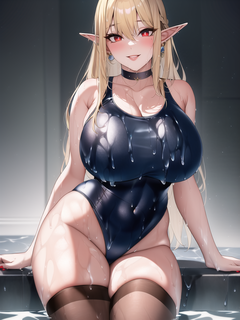 1girls, ai generated, bikini, blonde hair, breasts, choker, cleavage, curvy, curvy figure, earrings, elf, elf ears, elf girl, female, female only, large breasts, light skin, light-skinned female, looking at viewer, nai diffusion, one-piece swimsuit, original, original character, pale skin, pale-skinned female, pool, red eyes, skin tight, solo, solo female, stable diffusion, swimming pool, swimsuit, swimwear, thick thighs, thighs, voluptuous, wet, yellow hair