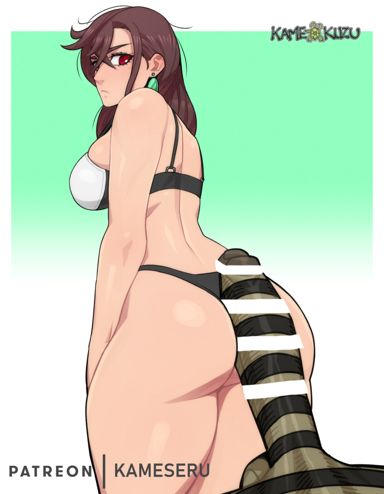 artist_name ass ayase_momo bikini breasts brown_hair dandadan earrings female huge_ass jewelry kameseru large_breasts large_penis long_hair looking_back patreon_username penis penis_on_ass red_eyes serpo_(dandadan) simple_background striped swimsuit two-tone_background white_background wide_hips