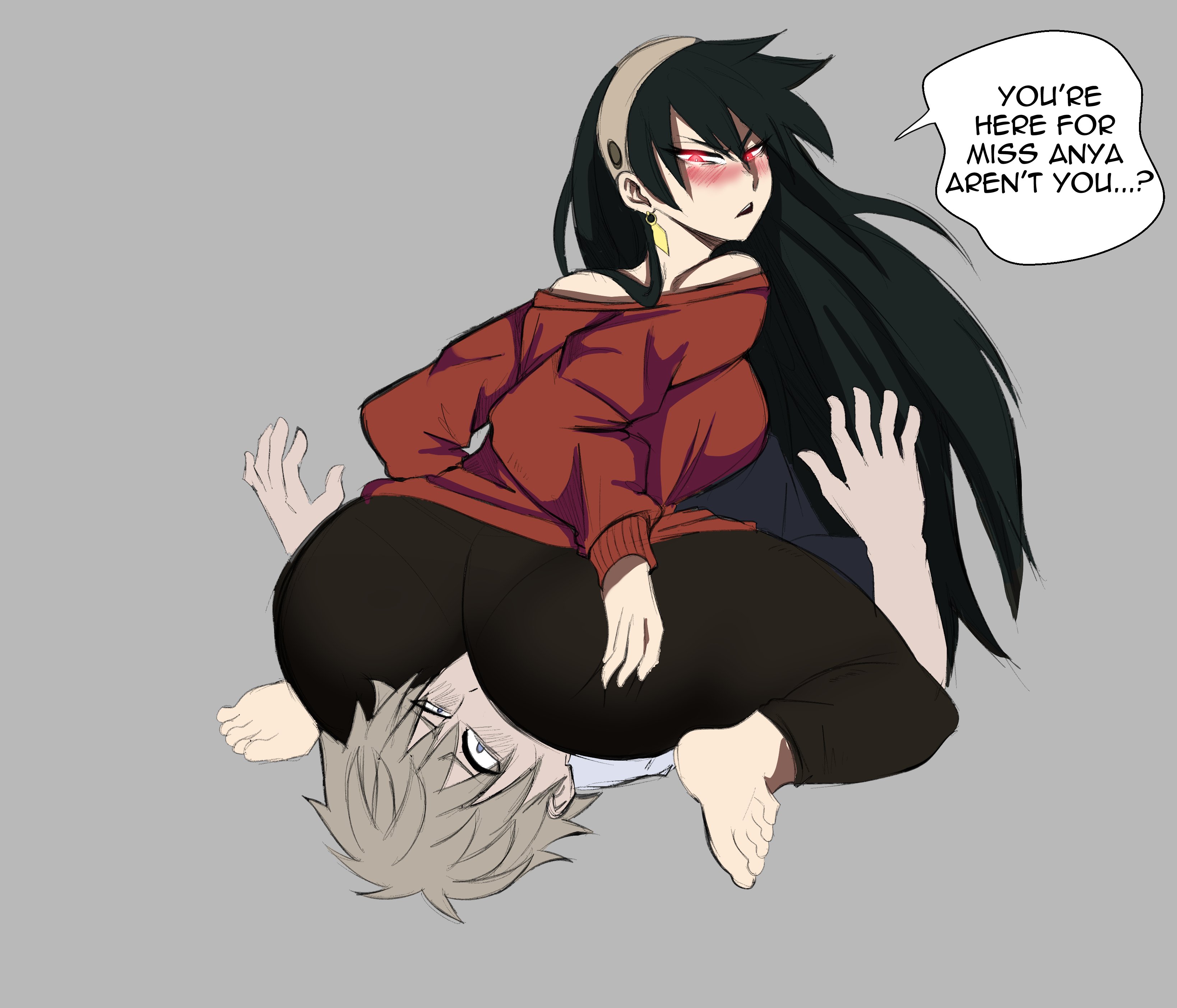 1boy, 1girls, ass, big ass, big breasts, big butt, big hips, big thighs, black hair, blush, breasts, child bearing hips, clothed, clothing, drunk, english text, face in ass, facesitting, female, human, intoxicated, loid forger, male, pantylines, probuttonmasher, red eyes, spy x family, text, thick ass, thick hips, thick thighs, yor briar, yor forger