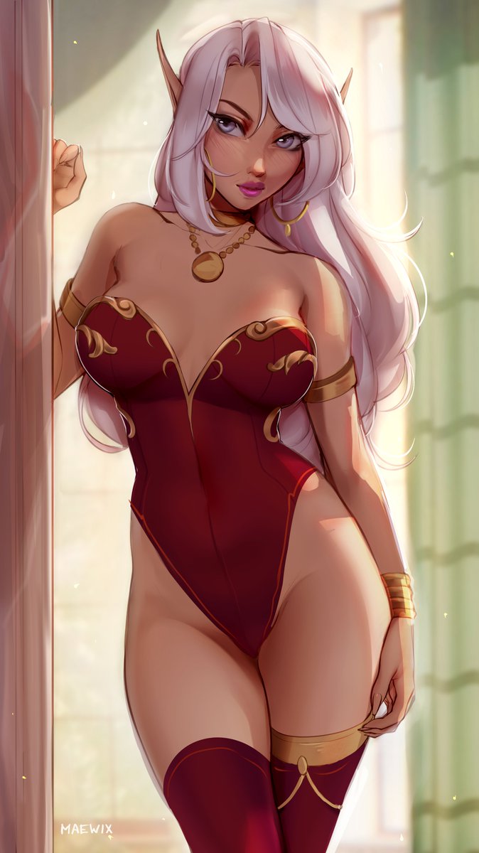 1girls, 2022, blizzard entertainment, blush, elf, elf ears, elf female, female, female only, high elf, jewelry, leaning on wall, legwear, leotard, light skin, light-skinned female, long hair, looking at viewer, maewix1, pink lips, solo, warcraft, white eyes, white hair, world of warcraft