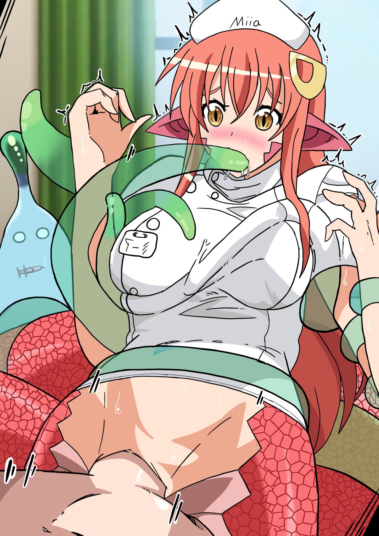 2022 2girls apoelayoshi7 big_breasts blue_eyes blush breasts gold_eyes green_hair hair_ornament hair_ribbon lamia long_hair miia_(monster_musume) monster_musume monster_musume_no_iru_nichijou mouth nurse_uniform penetration penis red_hair slime_girl slime_tentacle snake_ears snake_girl suu_(monster_musume) tentacle_on_breast uncensored