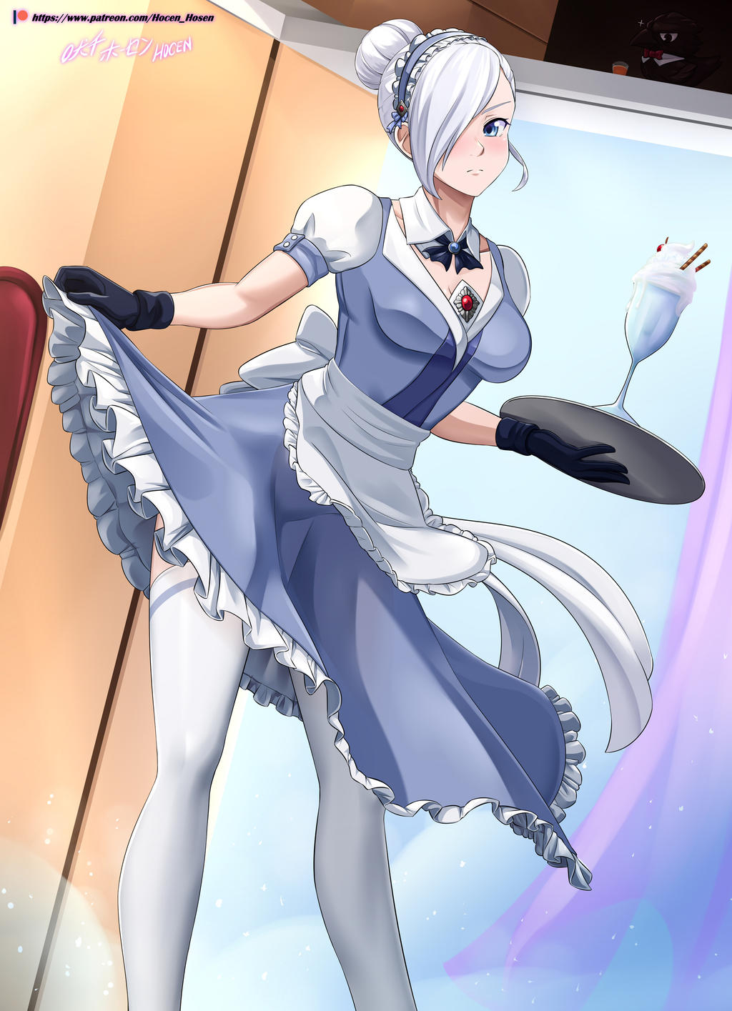 1girls apron black_gloves blue_eyes breasts detached_collar dress_lift gloves hair_bun hair_over_one_eye hocen holding_tray ice_cream indoors looking_at_viewer maid maid_apron maid_headdress maid_uniform medium_breasts rwby sundae thighhighs tray white_hair winter_schnee