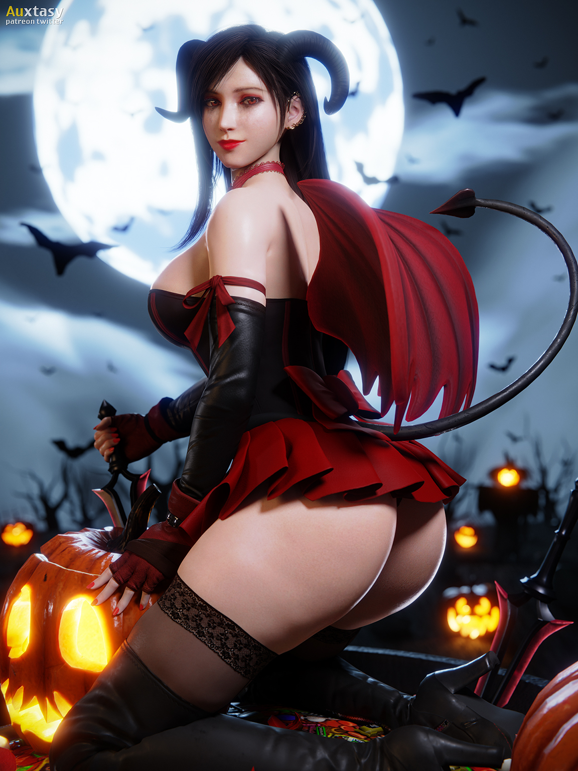 1girls, 3d, alternate costume, ass, auxtasy, big ass, big breasts, big thighs, blender, breasts, dagger, dark hair, demon, eye contact, female, female focus, female only, final fantasy, final fantasy vii, final fantasy vii remake, halloween, halloween costume, heel boots, high heel boots, high heels, horns, jack-o'-lantern, kneeling, long hair, looking at viewer, pinup, pumpkin, red eyes, red nails, solo, stockings, succubus, thigh boots, thigh highs, thighhighs, thighs, tifa lockhart, tombstone, white skin