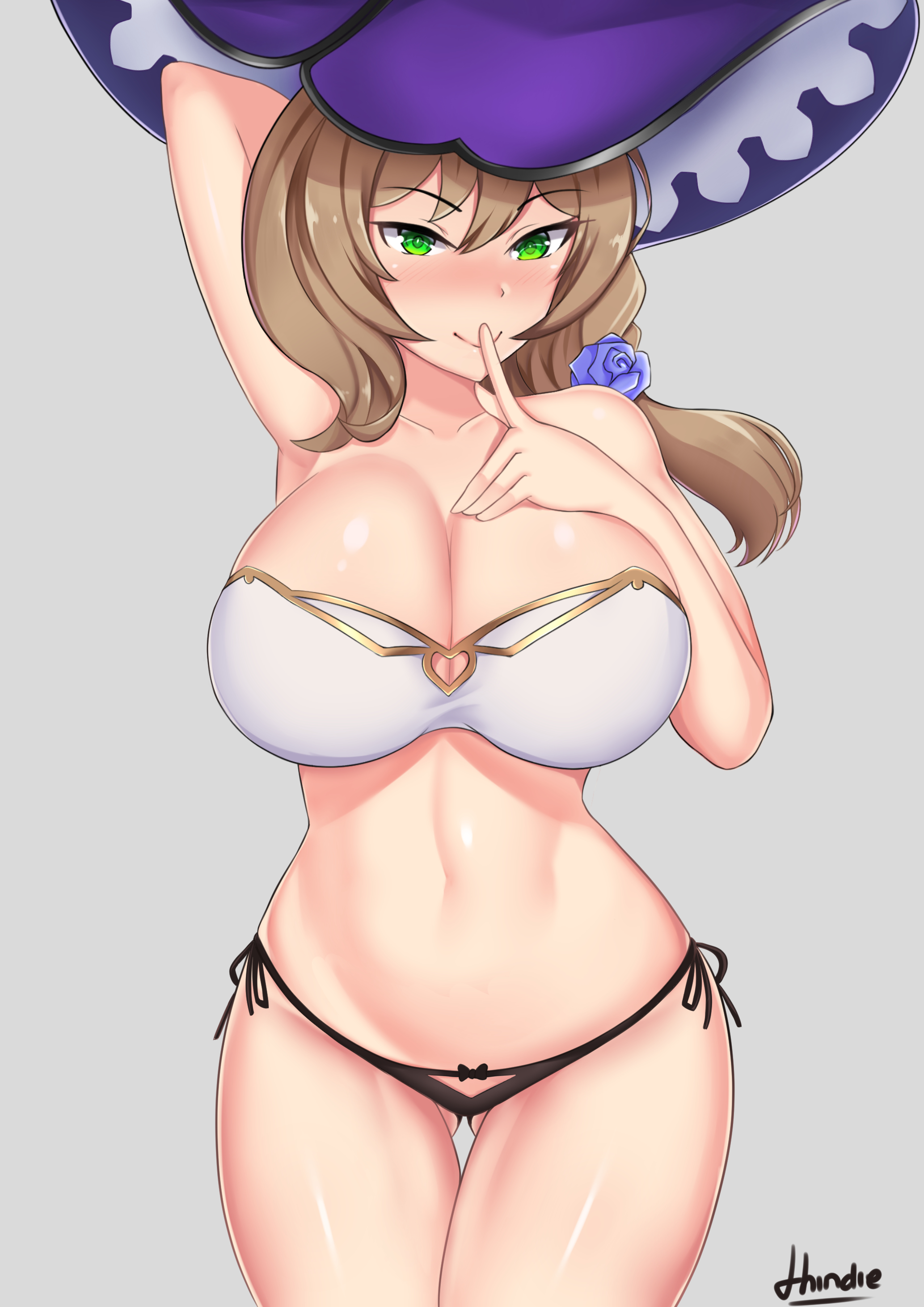 1girls, arm behind head, big breasts, black thong, bottomwear, breasts, brown hair, cleavage, female, female only, flower, flower in hair, genshin impact, green eyes, hair, hair ornament, hand behind head, hat, headwear, hips, huge breasts, large breasts, lisa (genshin impact), mature, mature female, shi ndie, smile, solo, solo female, thick thighs, thighs, thong, topwear, witch, witch hat