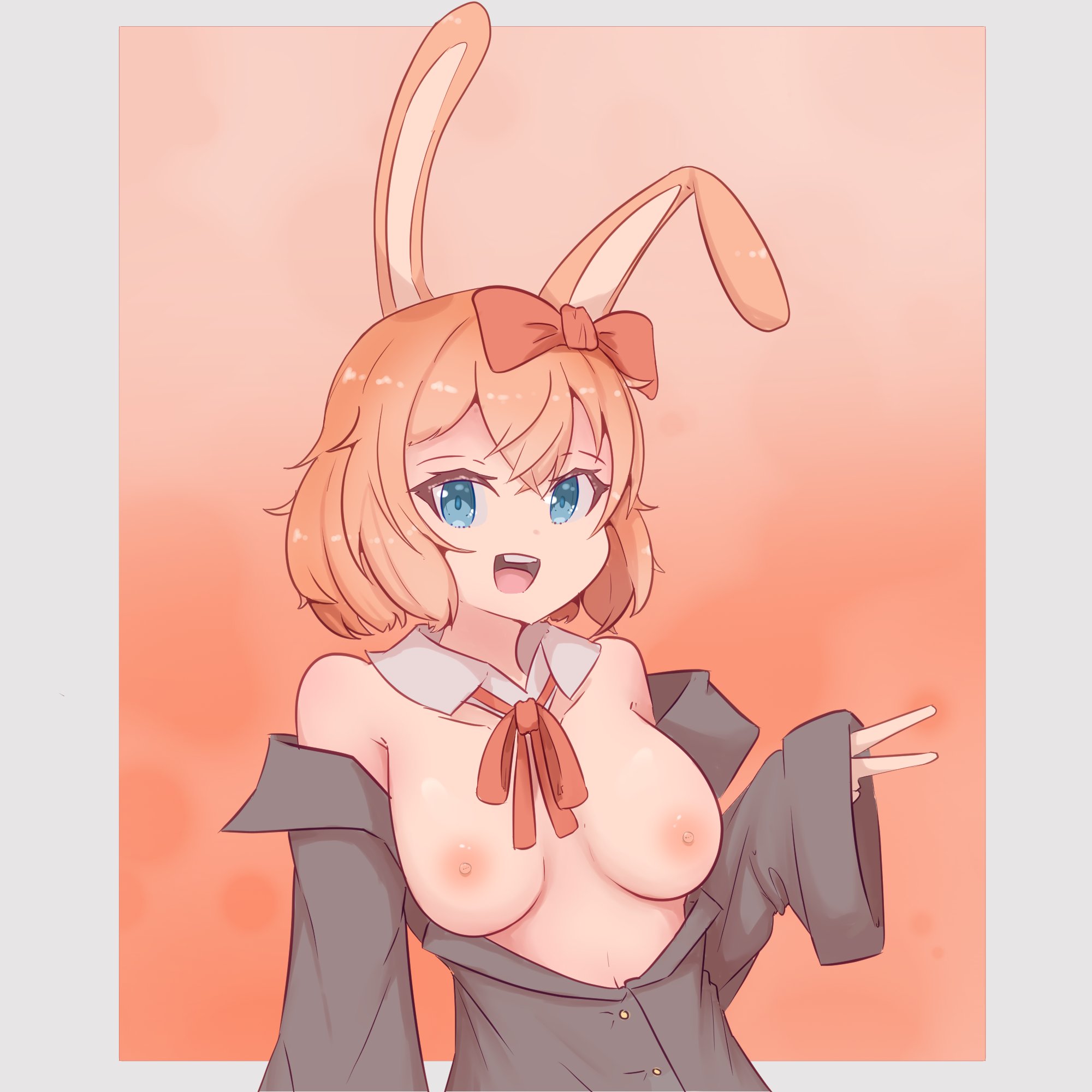 1girls, blue eyes, bow, bunny ears, bunny girl, collar, doki doki literature club, female, just sayori, looking at viewer, naked, nude, open mouth, orange hair, peace sign, red bow, sayori (doki doki literature club), school uniform, solo, theartistaurora, uniform, v
