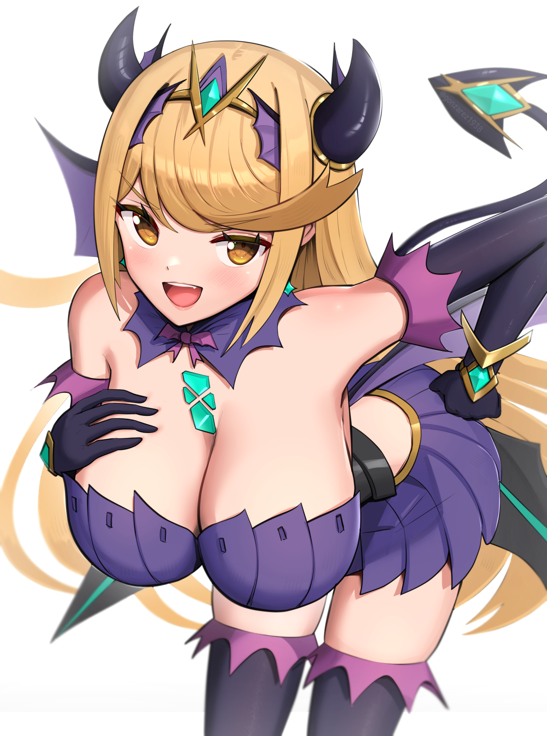 1girls, bangs, bending over, blonde hair, breasts, cleavage, core crystal, demon, female, gold eyes, gonzarez, halloween, hi res, horns, huge breasts, leaning forward, light skin, light-skinned female, long hair, looking at viewer, mythra, nintendo, succubus, succubus costume, swept bangs, tail, tail accessory, xenoblade (series), xenoblade chronicles 2
