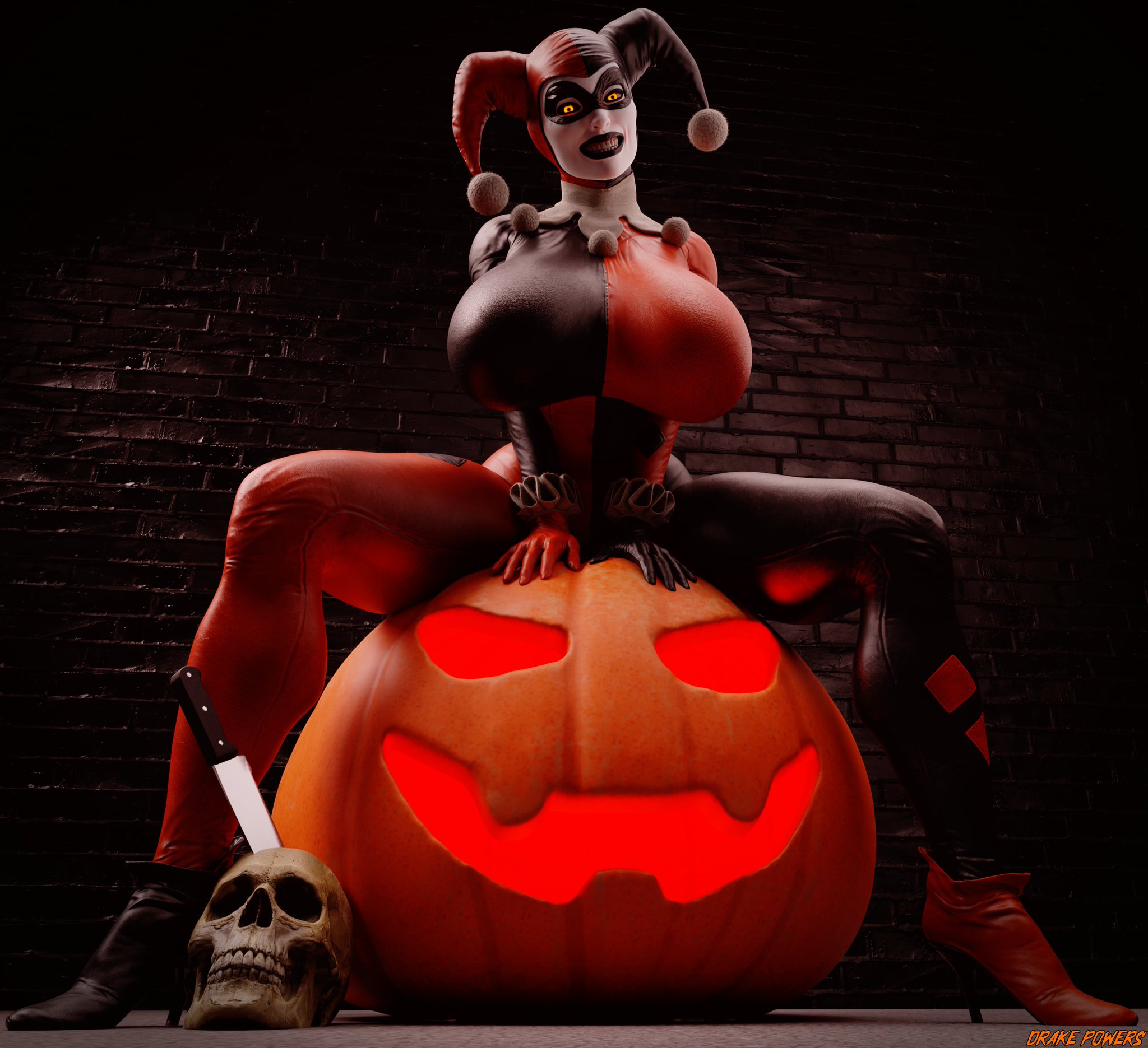 1girls, 3d, 3d (artwork), artist name, batman (series), big breasts, blender, blender (software), bodysuit, breasts, busty, clothing, curvaceous, curvy, curvy figure, dc, dc comics, drakepowers, eyes, female, female only, fit, fit female, full color, fully clothed, glowing eyes, halloween, harley quinn, harley quinn (classic), harley quinn (injustice), high heels, hourglass figure, huge breasts, injustice 2, jack-o'-lantern, knife, large breasts, legs, light skin, light-skinned female, lips, lipstick, looking at viewer, makeup, massive breasts, mouth, skull, solo, solo female, thighs, villain, villainess, voluptuous, waist, watermark, yellow eyes