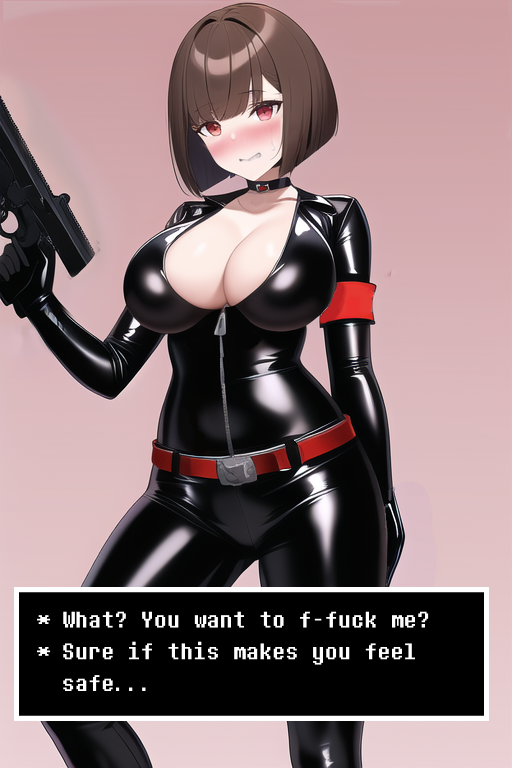 1girls 2d aged_up ai_generated alternate_universe armband belt big_breasts blush brown_hair catsuit chara cleavage dialogue embarrassed english english_text female female_only holding_gun latex mercenary nai_diffusion red_eyes solo stable_diffusion talking text text_box undertale undertale_(series)