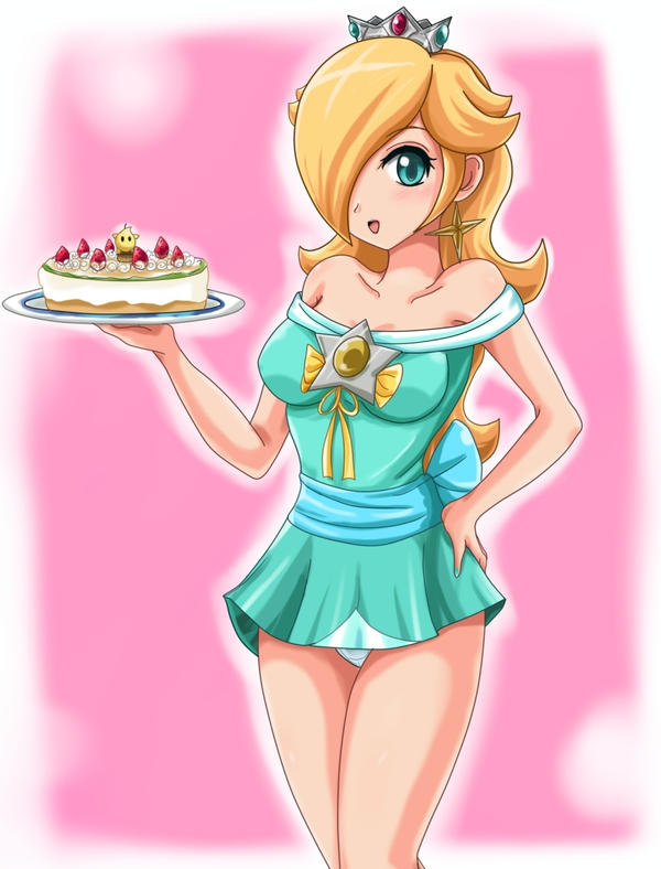 1girls blonde_hair blue_eyes blue_panties breasts cake crown earrings food hair_over_one_eye hand_on_hip holding_plate long_hair looking_at_viewer mario_(series) medium_breasts nintendo painted_fingernails panties plate princess_rosalina sigurdhosenfeld star_earrings strawberry super_mario_galaxy waitress waitress_uniform