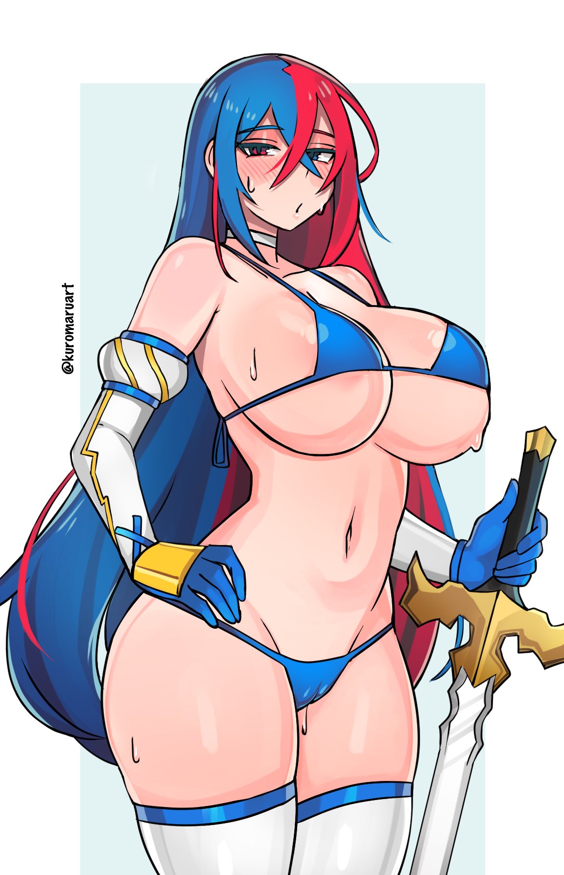 1girls adapted_costume alear_(female)_(fire_emblem) alear_(fire_emblem) alternate_costume bangs bikini blue_bikini blue_eyes blue_hair blue_swimsuit blush breasts cameltoe cleavage crossed_bangs female female_only fire_emblem fire_emblem_engage gloves hand_on_hip heterochromia highres kuromaruart large_breasts liberation_(fire_emblem) long_hair looking_at_viewer micro_bikini multicolored_hair navel nintendo partially_visible_vulva puffy_sleeves pussy_juice pussy_juice_drip_through_clothes red_eyes red_hair skindentation solo split-color_hair sweat sweating swimsuit sword thick_thighs thighhighs thighs two-tone_hair very_long_hair weapon