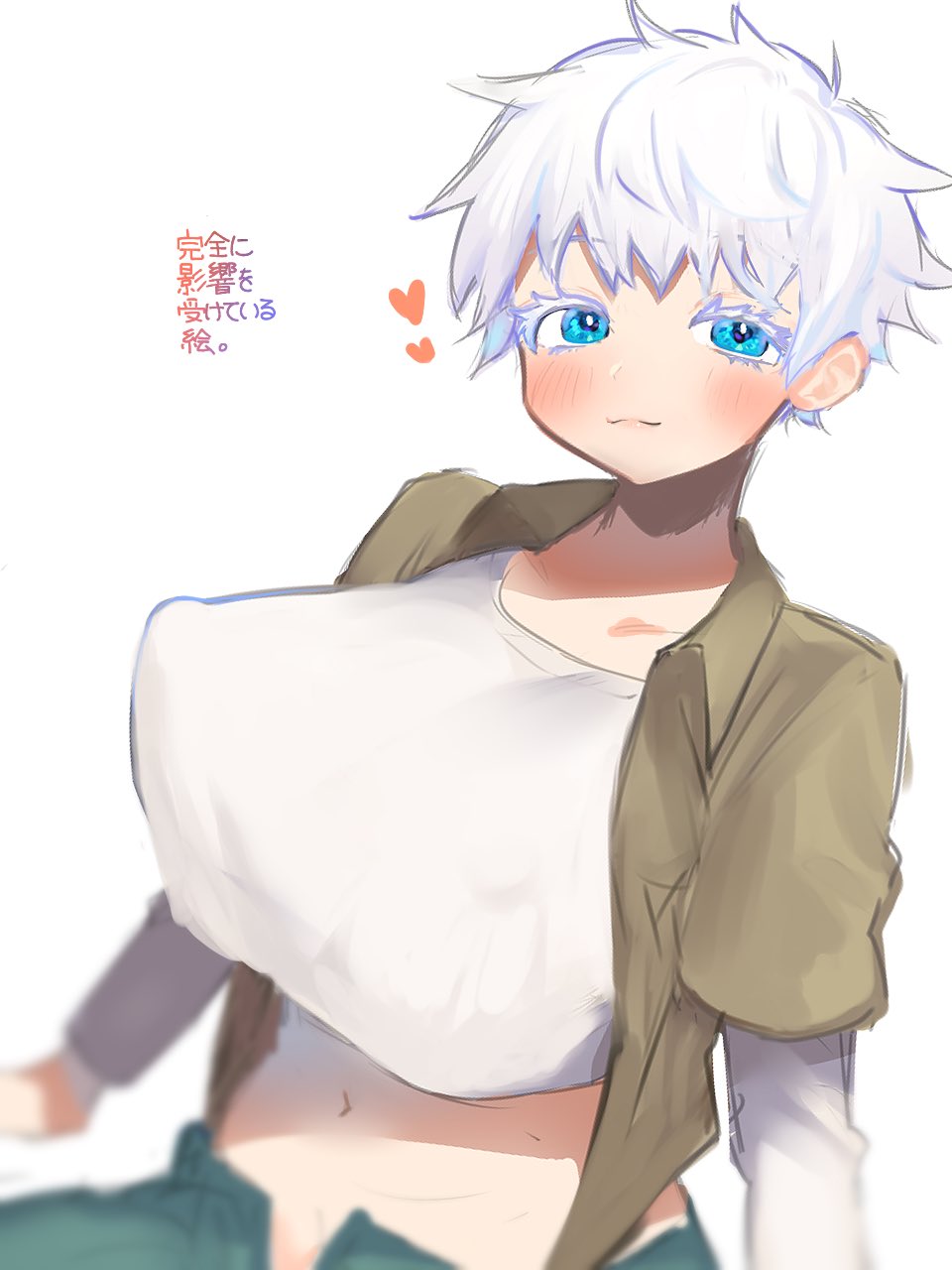 1girls, blue eyes, breasts, clothed, clothing, female, gender transformation, genderswap, genderswap (mtf), gigantic breasts, happy, huge breasts, jujutsu kaisen, looking at viewer, rule 63, satoru gojo, short hair, smile, solo, transformation, very short hair, white hair