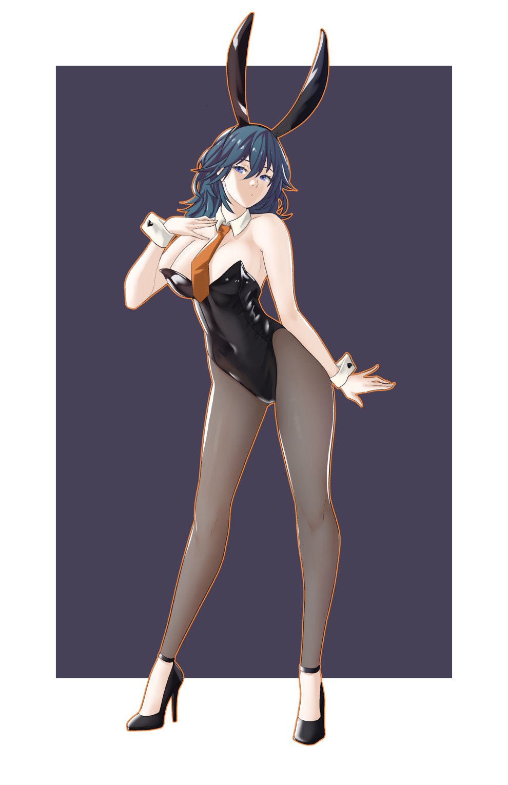 1girls, alternate costume, blue eyes, breasts, bunny ears, bunny girl, bunnysuit, byleth (fire emblem), byleth (fire emblem) (female), cleavage, female, female only, fire emblem, fire emblem: three houses, full body, halloween, halloween costume, high heels, highres, large breasts, leggings, leotard, medium hair, necktie, nintendo, pantyhose, playboy bunny, pomelomelon, solo, teal hair